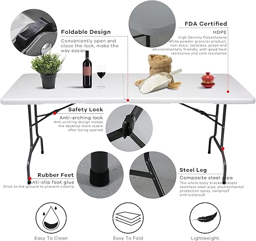 Miniatura 3 de Mesa plegable de 6 pies, mesa de plástico, mesa de campamento, mesa de picnic portátil plegable con asa de transporte para cocina, fiesta, exterior,