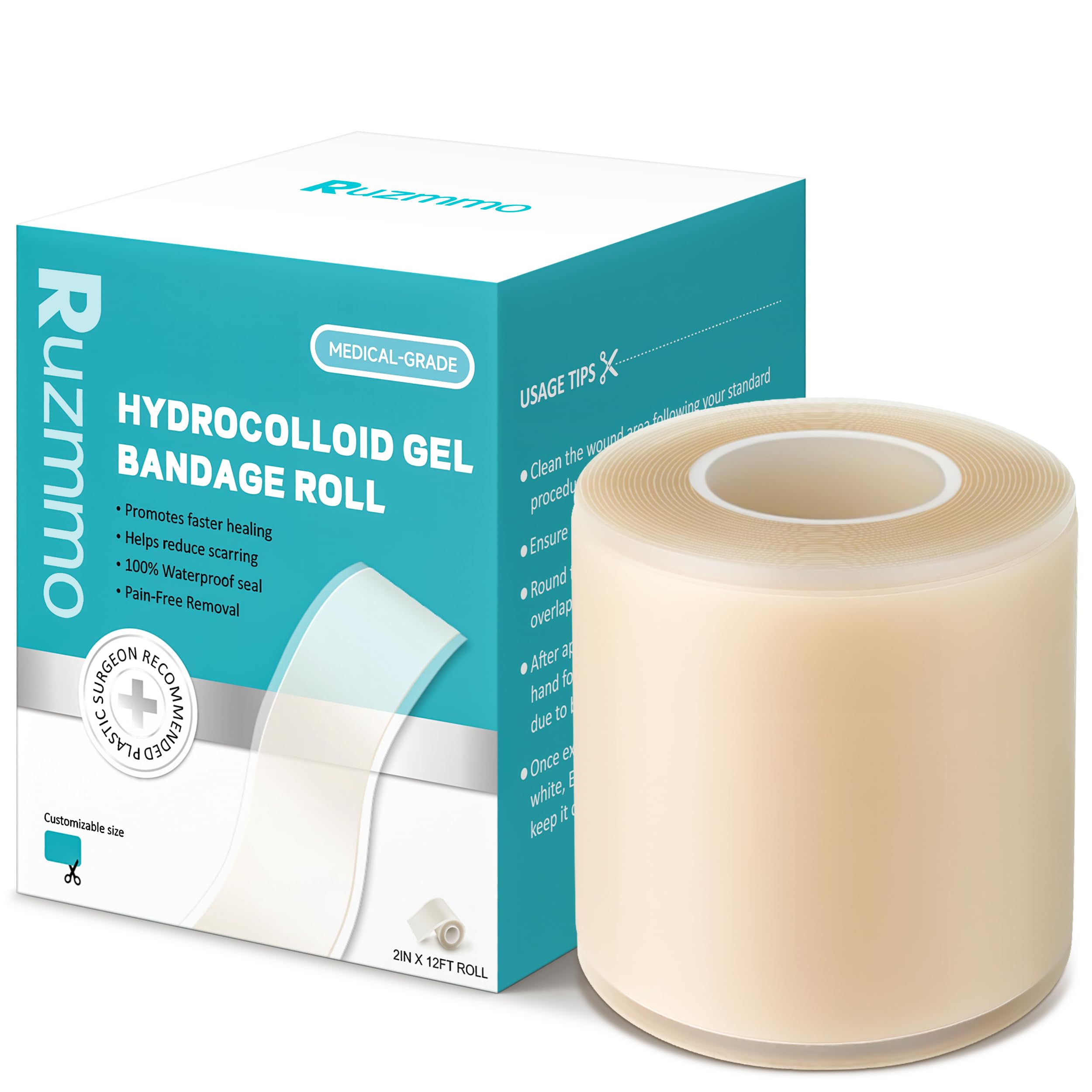 Hydrocolloid Bandages for Wound Care - Extra Large Medical Grade Hydrocolloid Roll, Flexible, Ultra-Thin, Waterproof Wound Dressing, Cut to Size Home First Aid Kit Essential (2in*12ft)