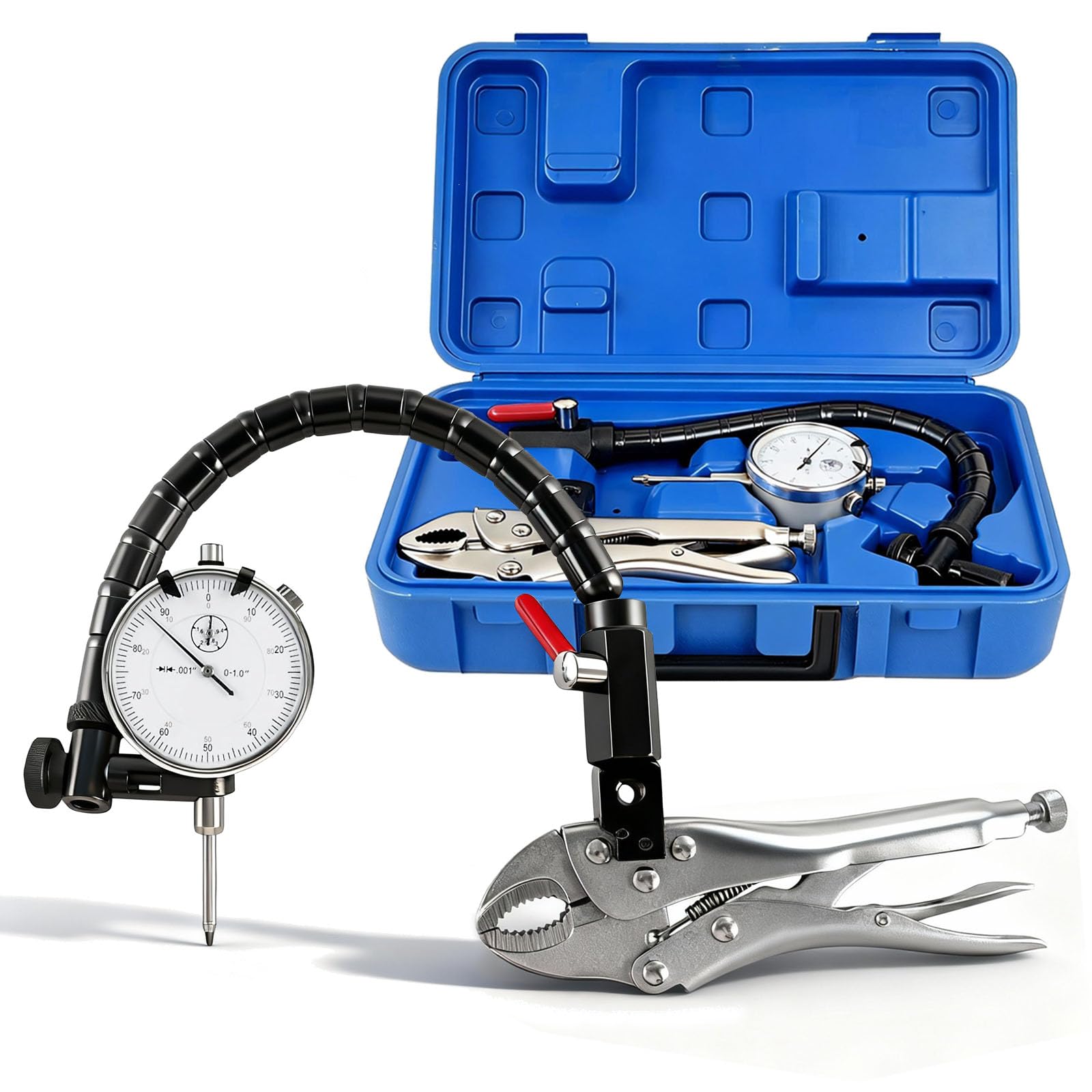 Reloj Comparador de Precisión, 0,01 mm de Lectura Rango 10 mm Brazo Flexible con Abrazadera Soporte para Laboratorio Taller Impresora 3D Reparación de Motores e Ingeniería Mecánica
