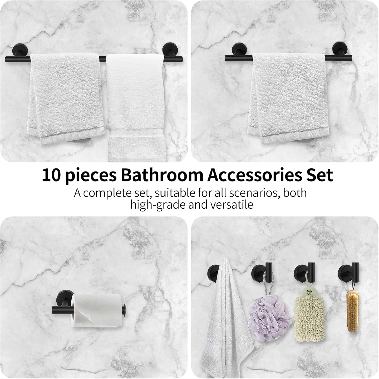 10PCS Matte Black Bathroom Hardware Set, Bathroom Accessories Set Include 24&16 inch Towel Bar, Robe Hook, Towel Ring, Toilet Paper Holder