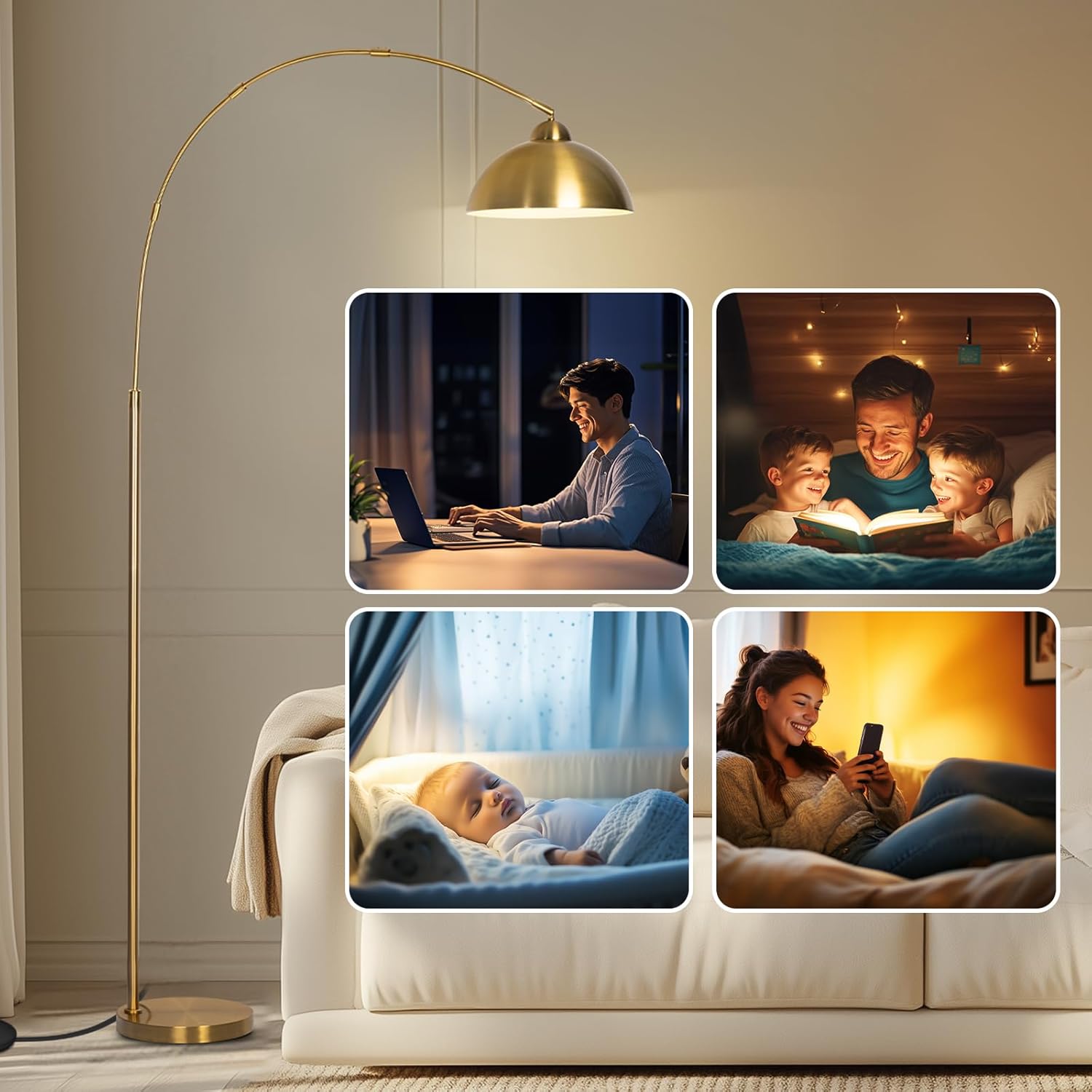 Floor Lamp with 3 Light Modes Adjustable– Modern Arc Standing Tall Lamp Dimmable Brightness, Perfect for Living Room, Bedroom, and Office, Gold