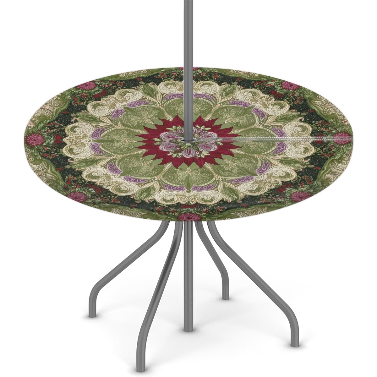 Mantel redondo para exteriores impermeable con cremallera y diseño de mandala verde