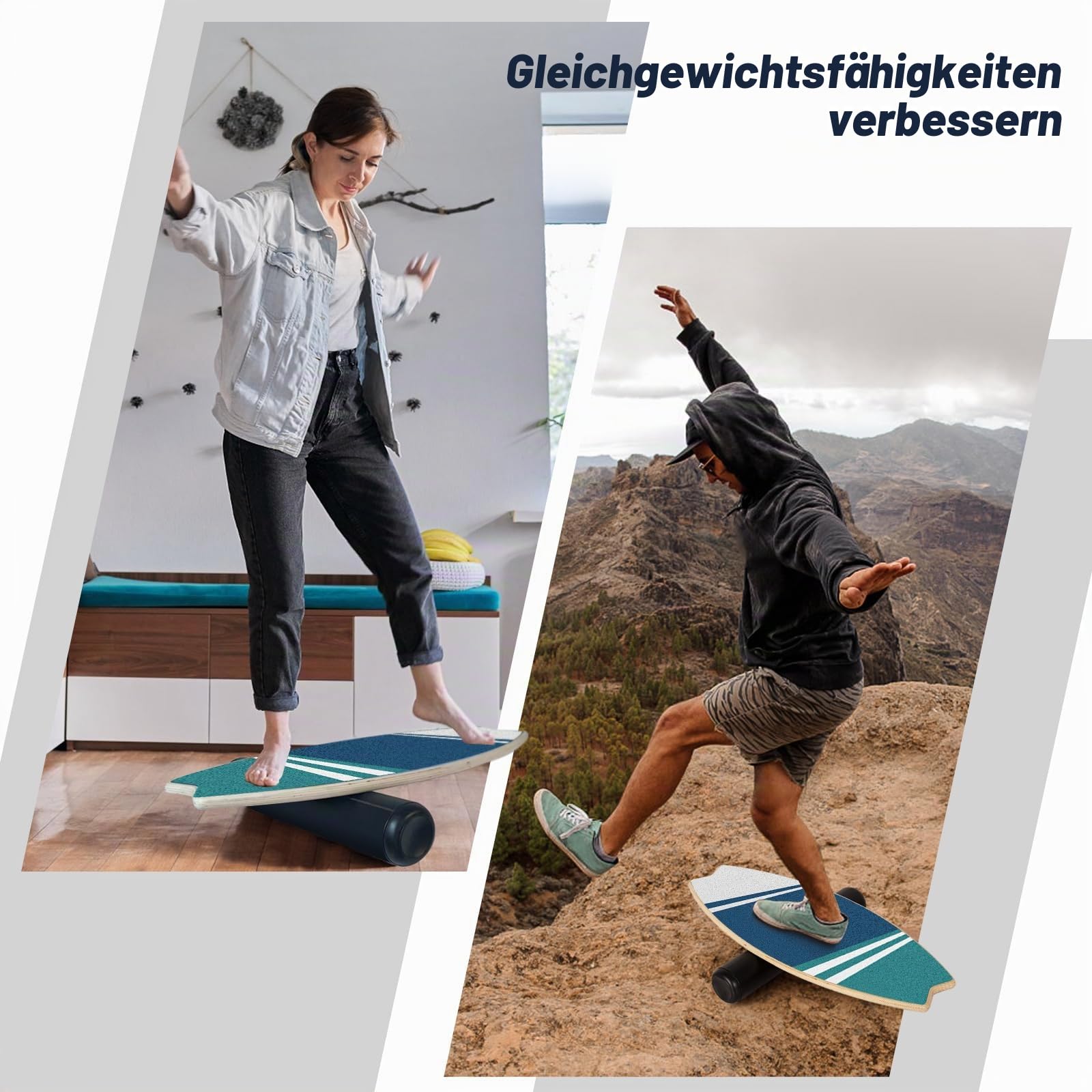 Leogreen Balance Board aus Holz in Surfboard, 7-in-1 Surfin Balanceboards Erwachsene Gleichgewichtstrainer, bis 160 kg belastbar für Surf-Training mit Verstellbaren Stoppern, Roller