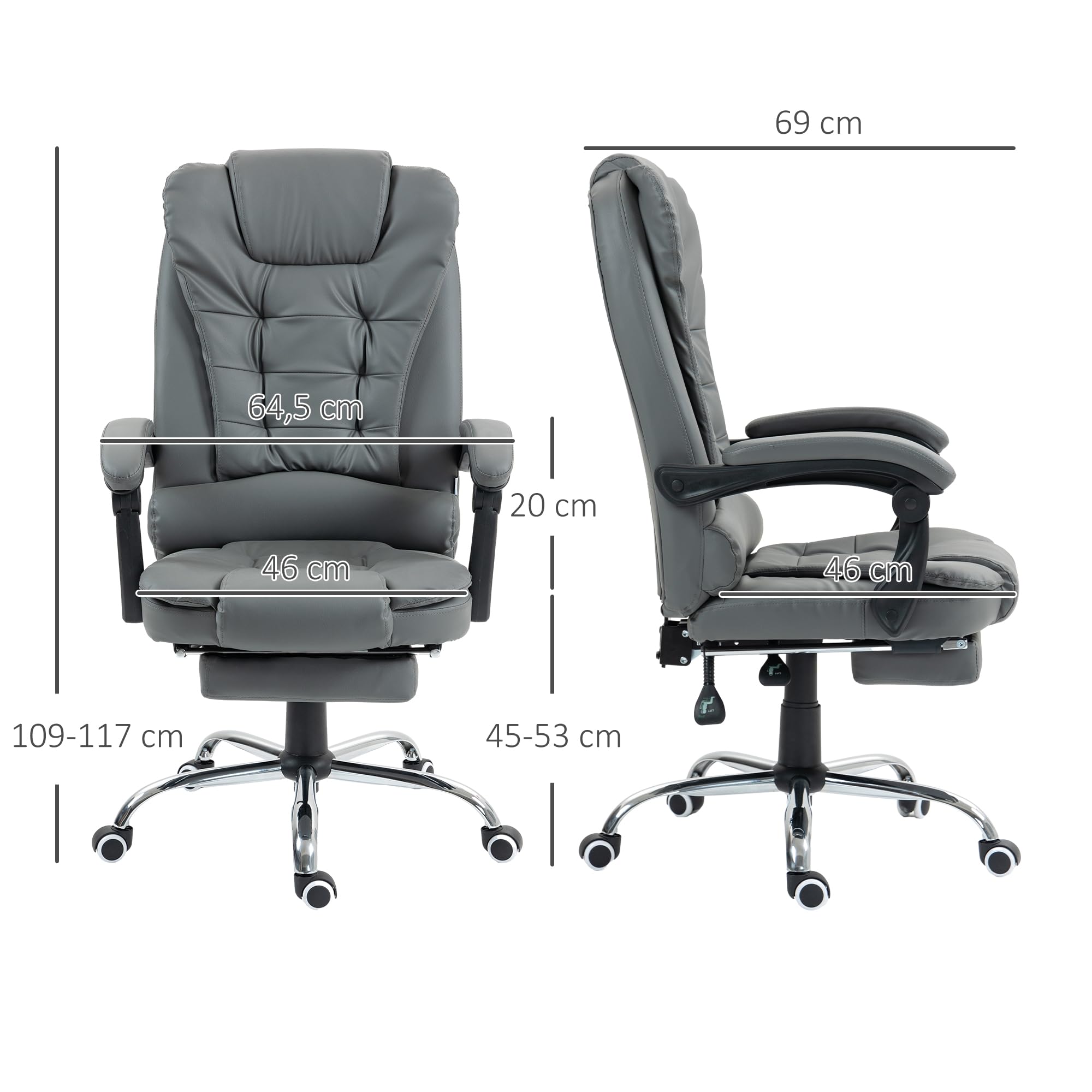 HOMCOM Bürostuhl Ergonomischer Schreibtischstuhl mit Lendenwirbelstütze, Armlehne, Fußstütze, Höhenverstellbarer Drehstuhl mit Wippfunktion, Kunstleder, Gepolstert Computerstuhl, Grau
