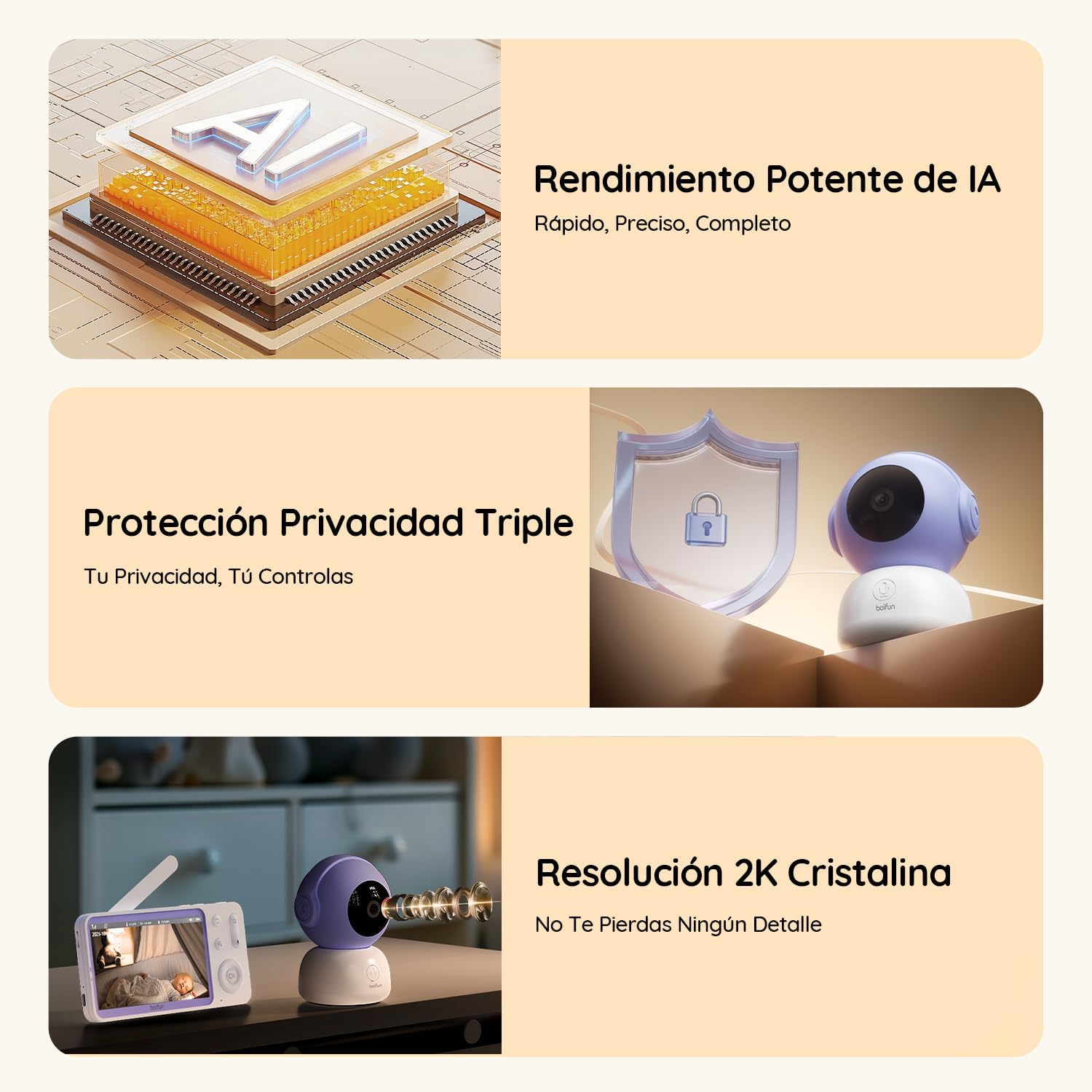 BOIFUN 2026 Cámara Vigilancia Bebé 2K (3MP) con WiFi y App Móvil, Vigilabebés con Pantalla de 5, Visión Nocturna sin Luz, Cámara 360°, Detección de Movimiento y Llanto, Audio Bidireccional, Zoom 4X