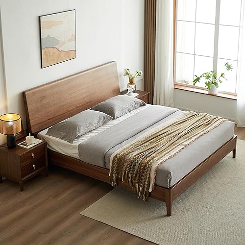 OUDINI Modern Walnut Solid Wood Bed Strong Wood Slats Support No Box Spring Needed Easy Assembly Queen Bed Frame