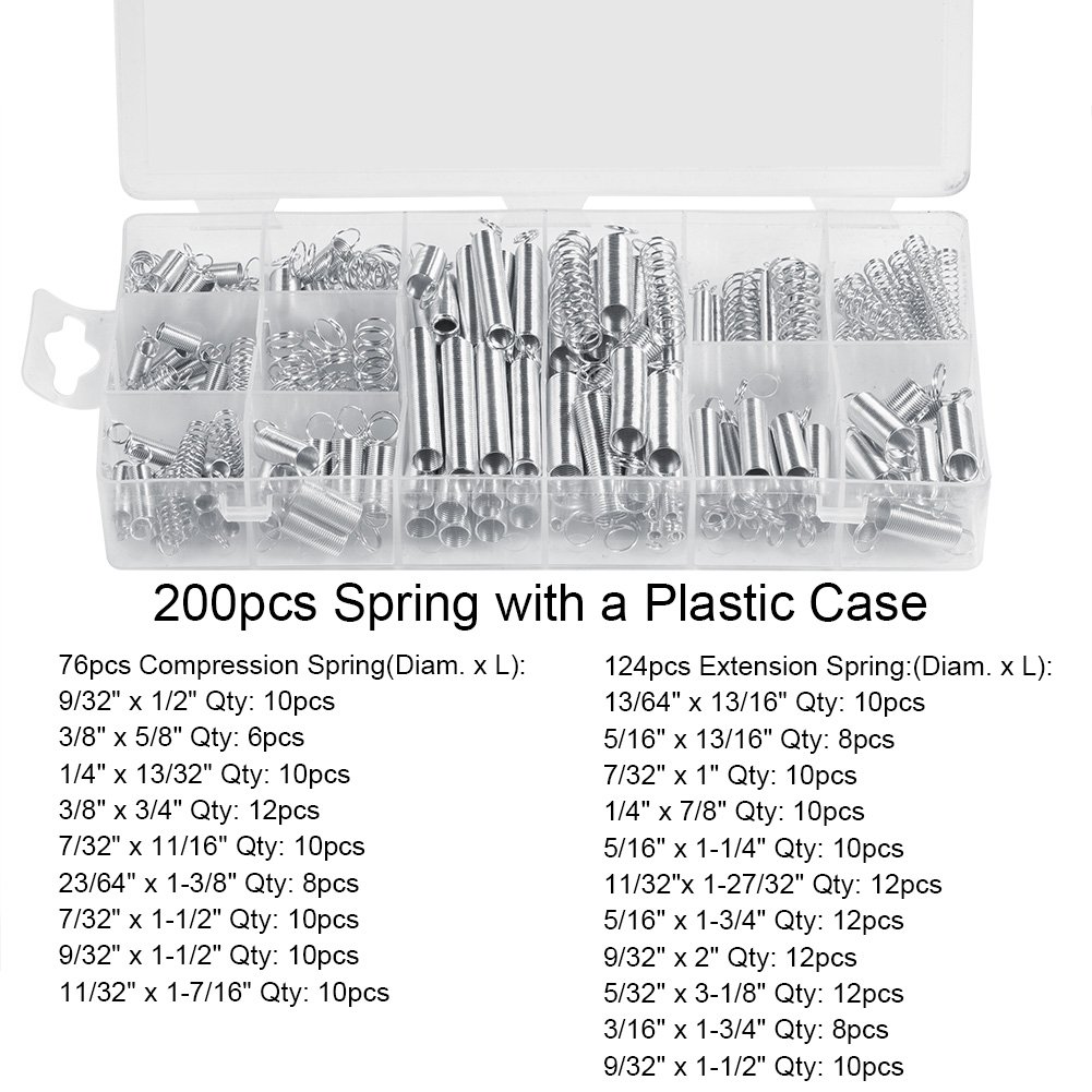 TBEOEN 200pcs Set 20 Sizes Extension Compression Spring Assortment Metal Springs Kit with Box 21*11*3CM Home Gardening