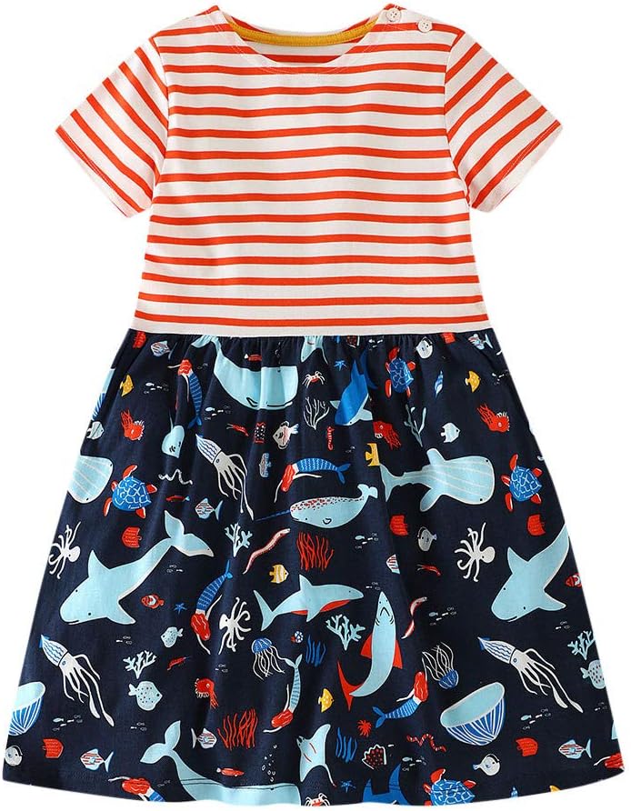 Outfits Hotsales!!! Toddler Baby Girls Cartoon Whale Organisms Print Striped Dress for 6-7Y Little Kids/Big Kids Clothes Set Summer