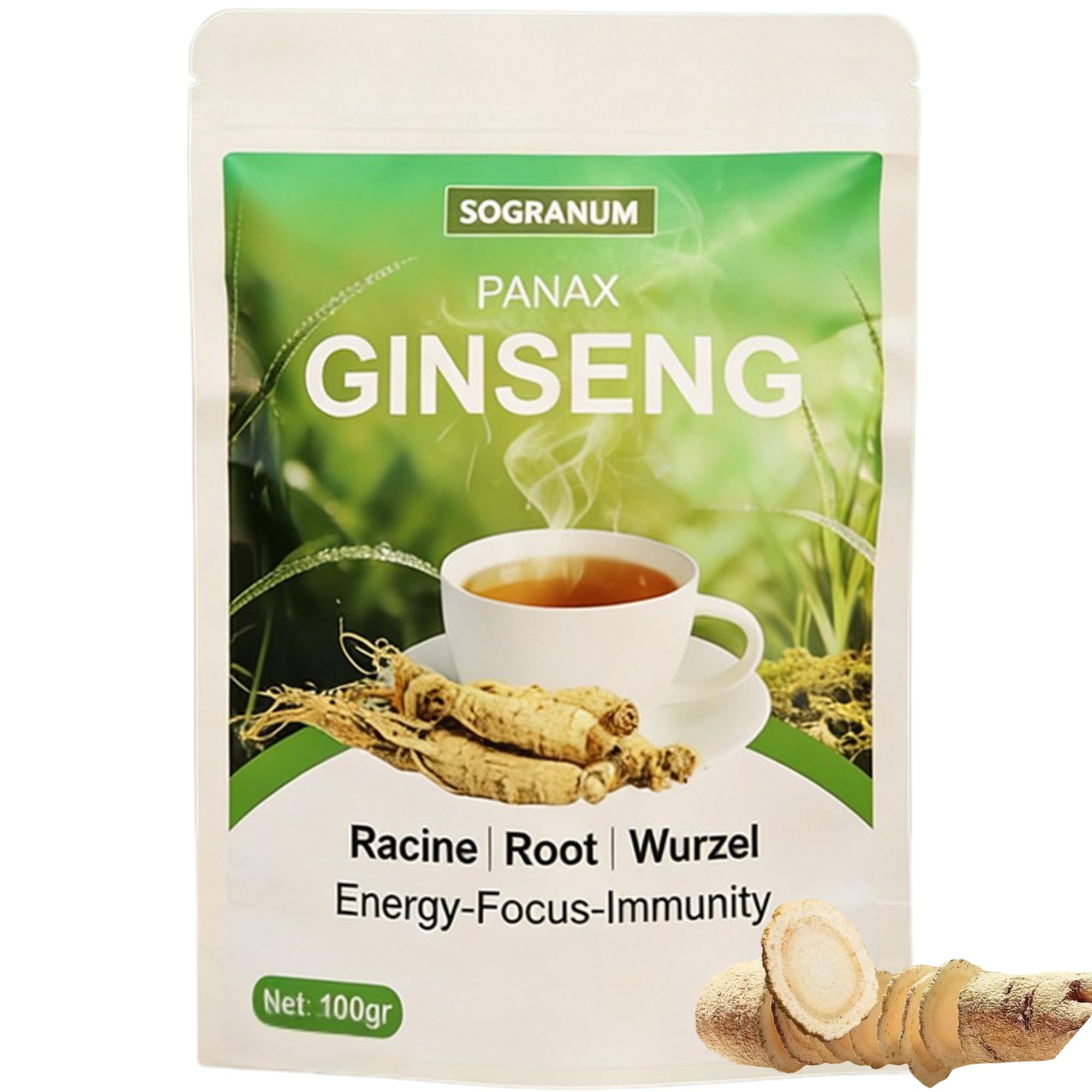 Ginseng racine entière | Détox Tisane: Énergie, Vitalité, Focus, Gestion Stress, Renforce le système immunitaire | Plante traditionnelle thérapeutique asiatique millénaire | 100g