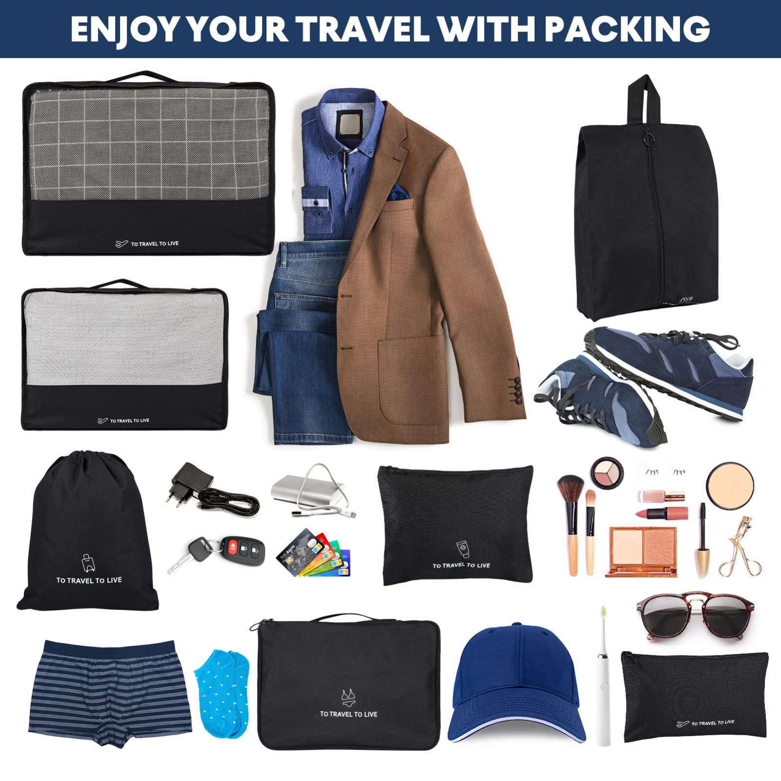 Holibanna 7pezzi Organizer Da Viaggio Cubi Pieghevoli Impermeabili Per Abbigliamento e Accessori Da Valigia Sacchetti Salvaspazio Nero Per Vacanze e Viaggi Affari
