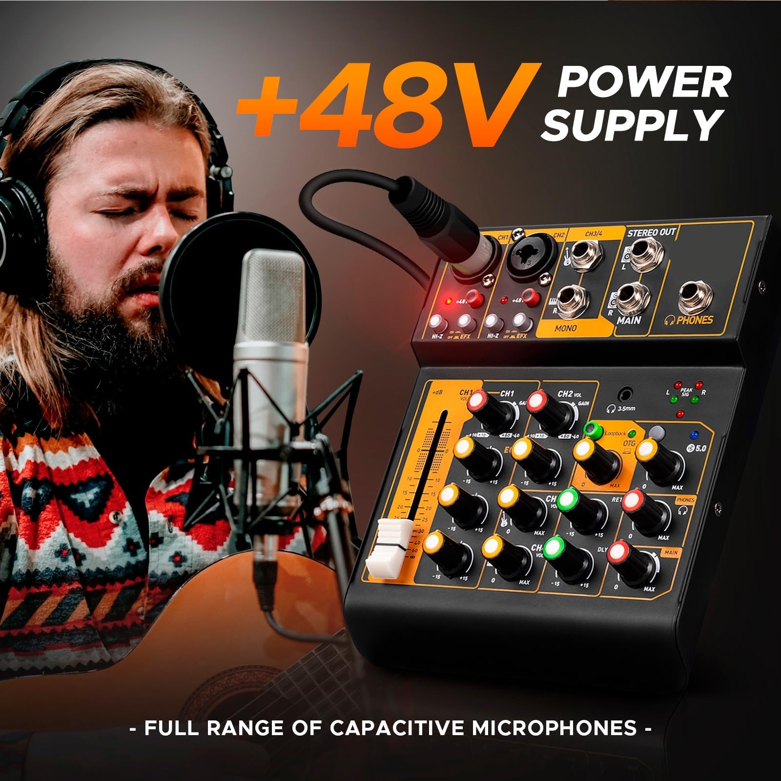 Mikser audio, Interfejs miksera Mini4 Konsola DJ Bluetooth 5.0 OTG Reverb 48V Karta dźwiękowa do transmisji na żywo