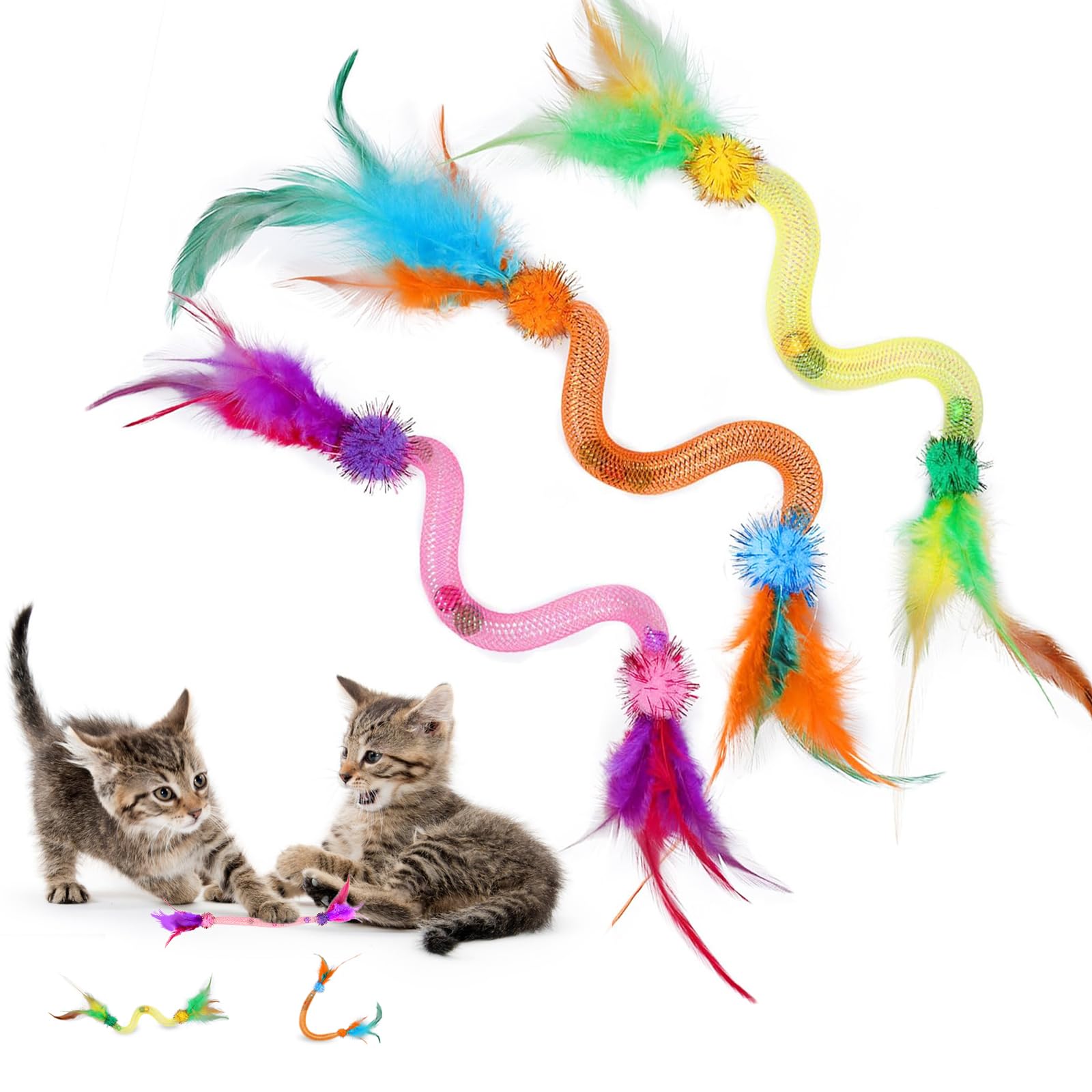 jiuhao Cat Spring Feather Toy, Indoor Cat Toys 3-Pack Kitten Spring Flexible Tube Toys with Feathers, Bell