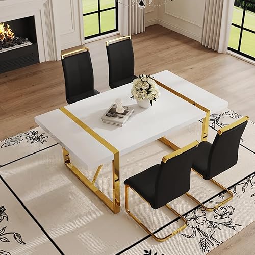 Miniatura 27 de Moderno juego de mesa de comedor para 4, juego de mesa de comedor dorado de 55 pulgadas con 4 sillas de piel sintética negra, mesa de madera negra