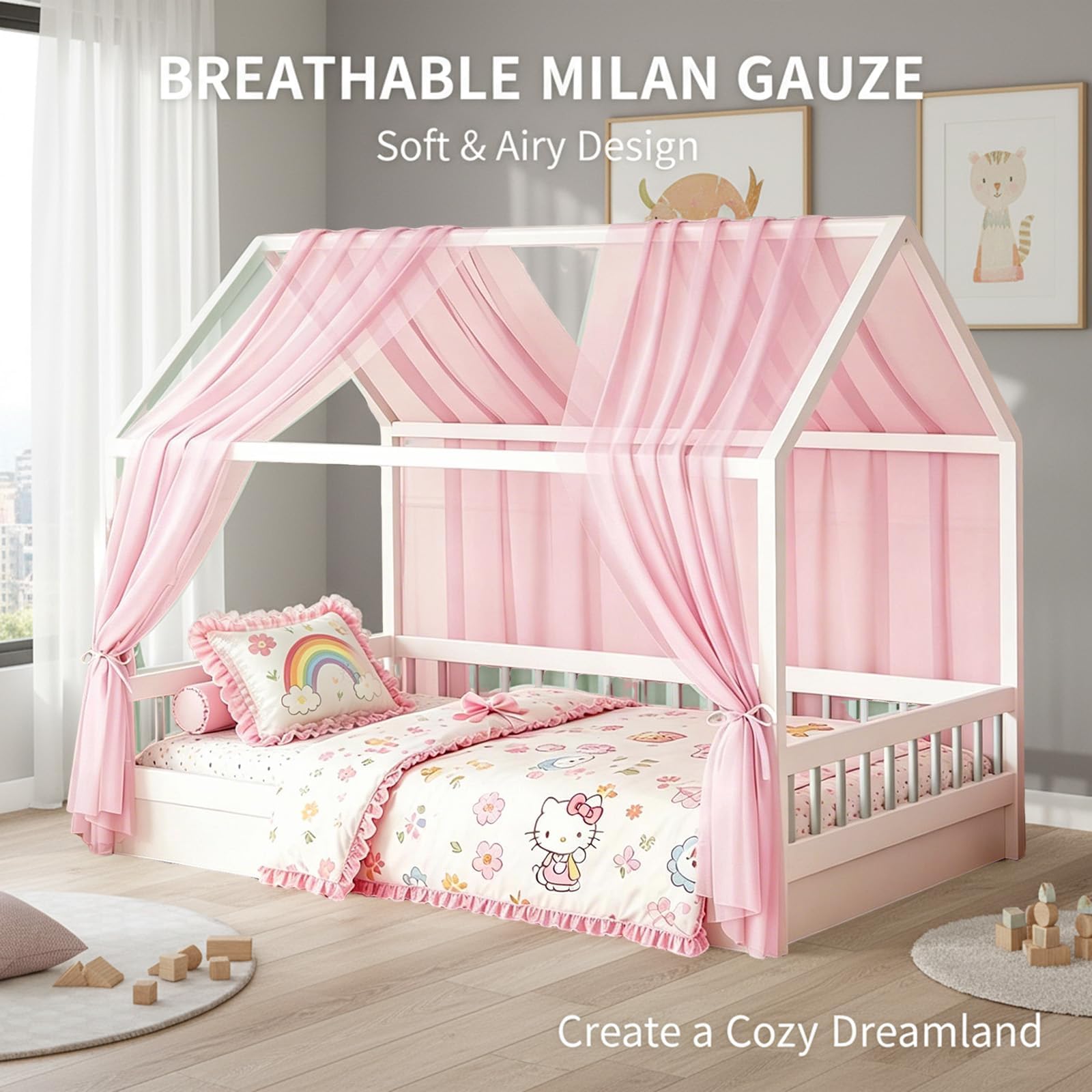 MeYuxg Set di 2 Baldacchino a Baldacchino per Letto di Casa, 150 x 350 CC in Cotone Biologico per Letto di Casa, Tenda Traspirante in Mussola per Lettino dei Bambini (Rosa)