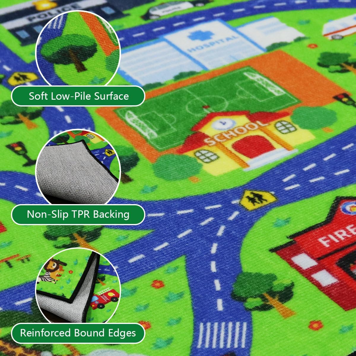Road Rug for Kids 2×3 Ft - Interactive City Car Track Play Mat, Smooth Low-Pile Carpet with TPR Non-Slip Backing, Educational Traffic Play Rug for Playroom Classroom Nursery