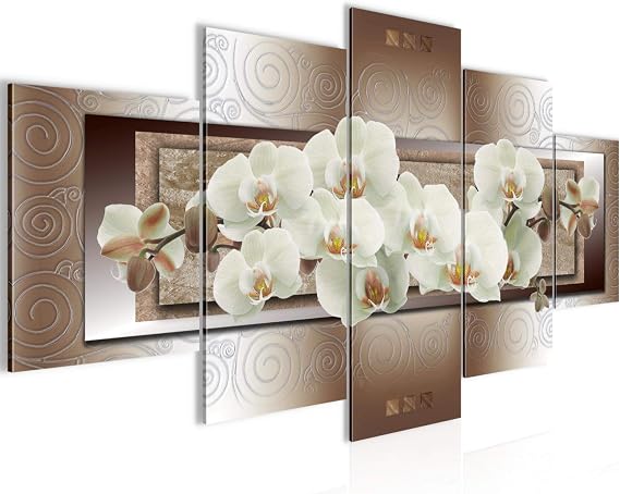 Quadro Murale Decorativo 4 Pezzi – Runa Art – Orchidee E Fiori Beige E Marrone – Stampa Su Tessuto Non Tessuto, Made In Germany. Pronto Da Appendere!