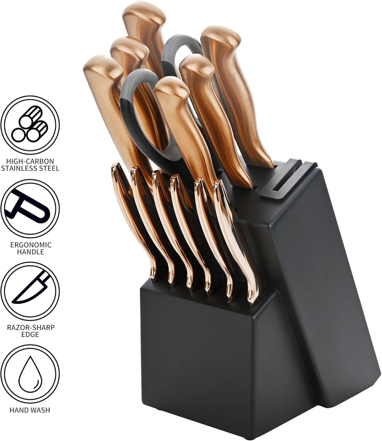 15-Piece Rose Gold Knife Block Set with Sharpener, Chef Professional Knife Set, Stainless Knife Set With Scissors, Steak Knives