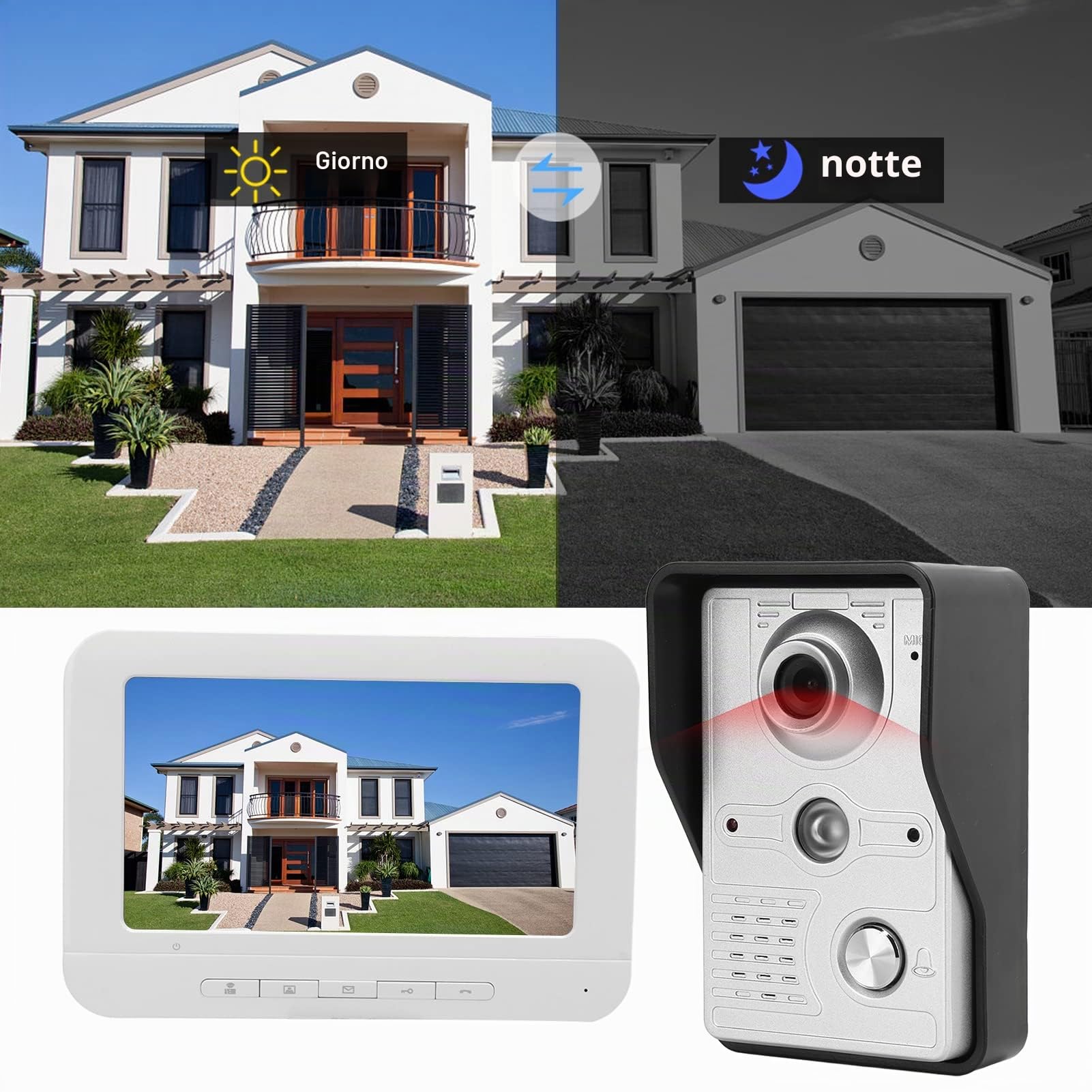 Videocitofono, Campanello Video con Display 7 Pollici Supporto rilevamento Movimento per Visione Notturna Monitoraggio sblocco remoto Citofono bidirezionale