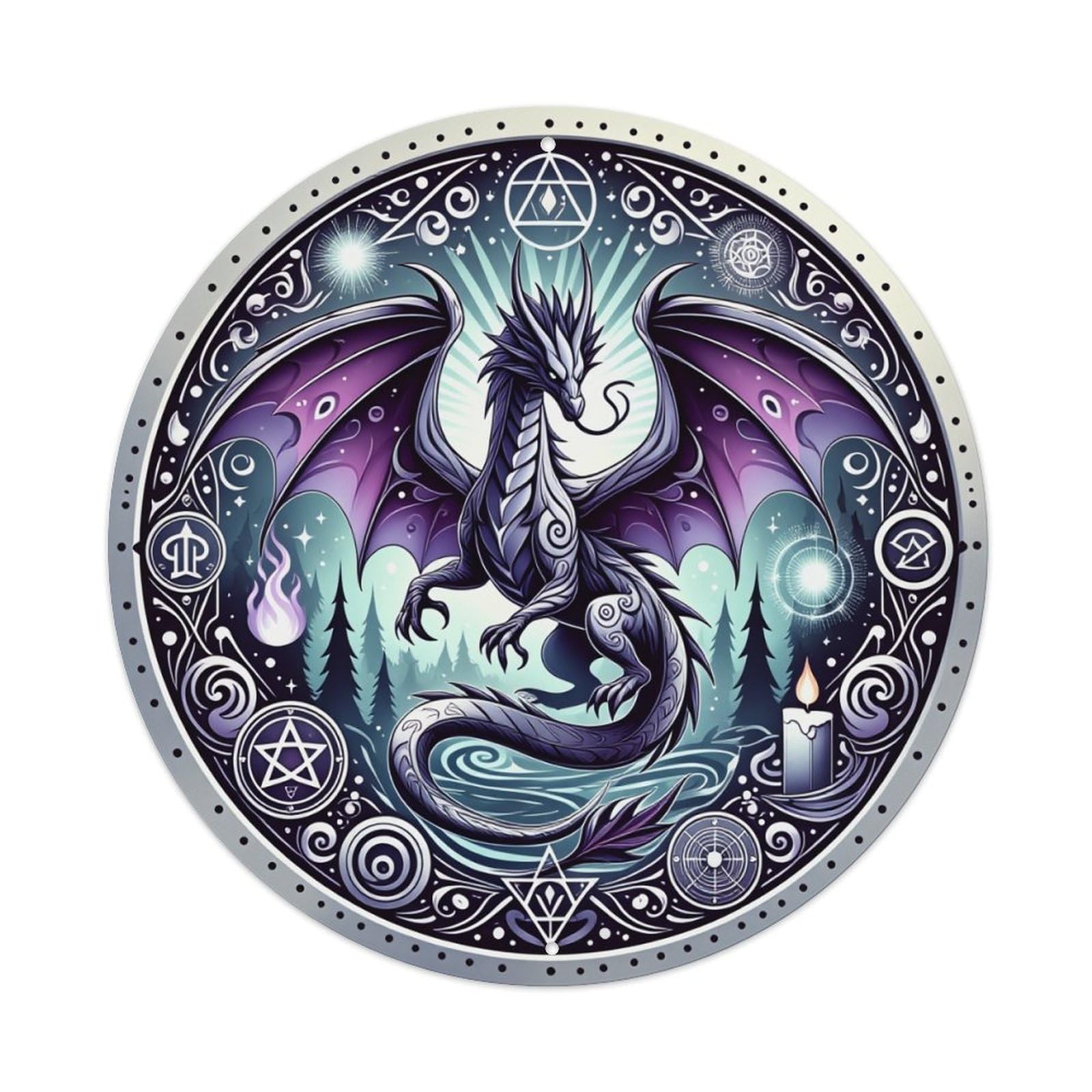 Mystic Dragon Symbolic Circle Pattern Round Tin Sign Vintage Metal Poster, Home Bar Garage Man Cave Cafe Indoor & Outdoor Wall Decoration 8x8Inches