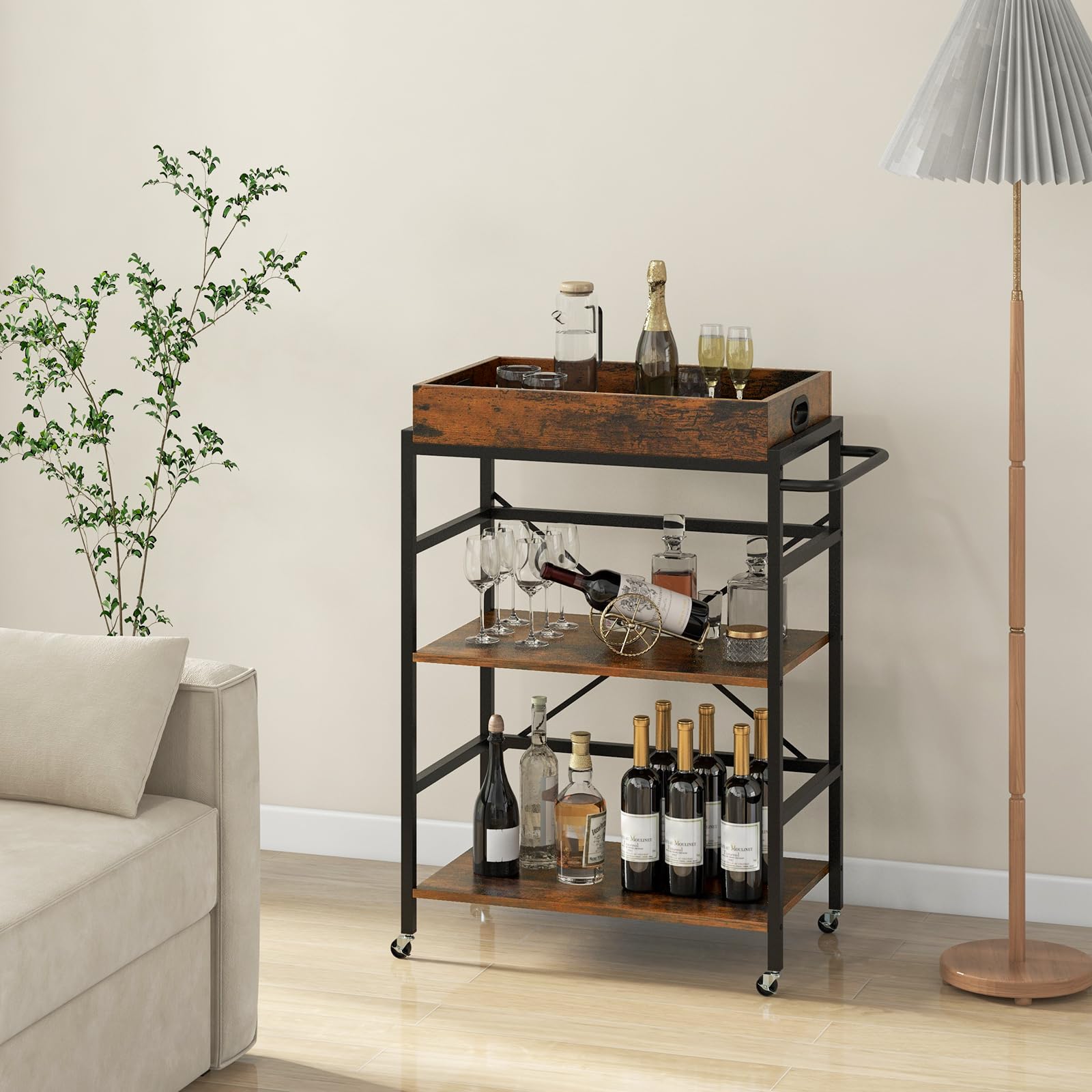 RELAX4LIFE Carrello da Cucina, Carrello da Servizio a 3 Ripiani con Vassoio Rimovibile e Ruote Universali, Carrello Industriale per Cucina, Sala da Pranzo, Soggiorno, Bar, Marrone Rustico e Nero