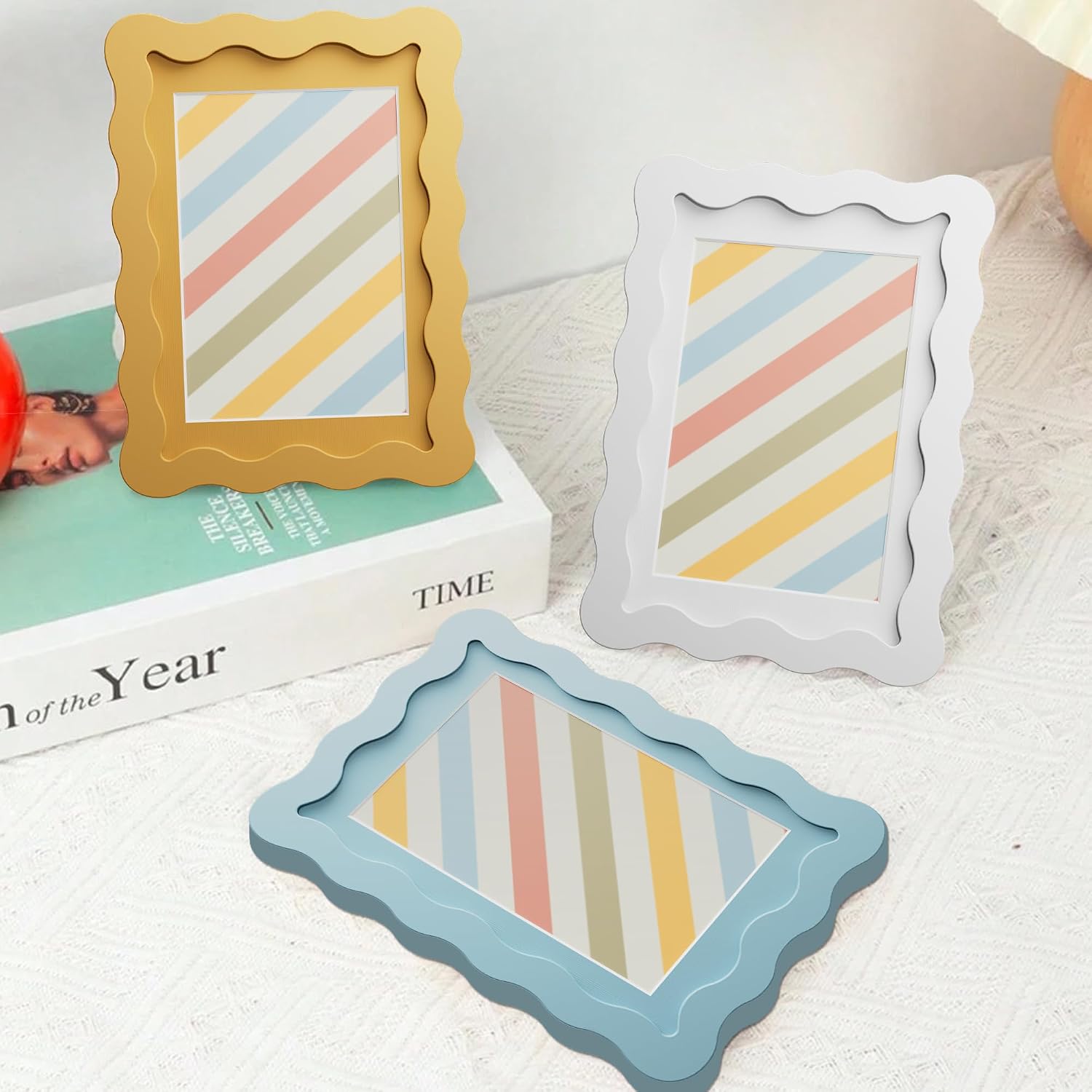 Condition photo showing New/Like New for 8x10 picture frame with mat for 5x7, wavy edge wooden real glass photo frame for tabletop and wall hanging, blue, 1 pack blue 8x10 in