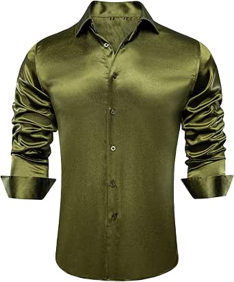 Hi-Tie Satin Silk Like Solid Mens Olive Green Dress Shirt Long Sleeve