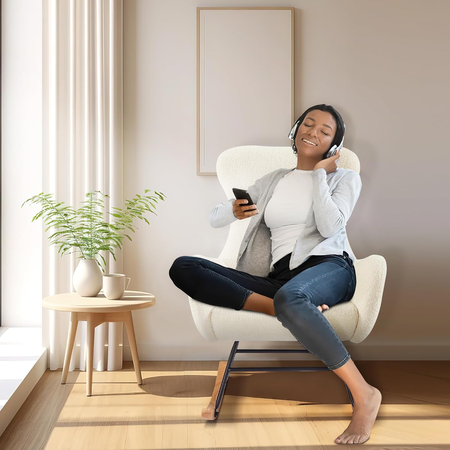 DKLGG Nursery Rocking Chair, Soft Teddy Fabric Rocking Chair Padded Seat with High Backrest for Nursery, Comfy Wingback Glider Rocker with Solid Wood Base for Living Room Bedroom(Beige)