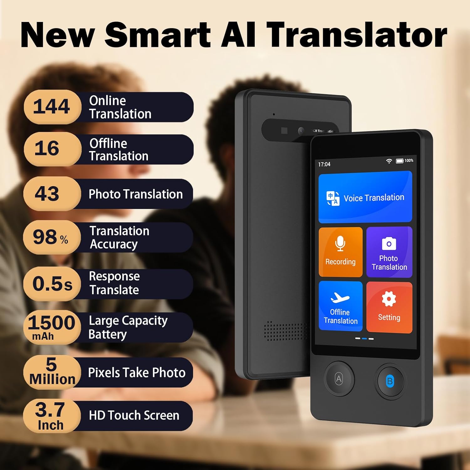 Wooask Language Translator Device, Two Way Real Time Translator with 144 Languages No WiFi Needed, 2025 Upgraded W12 AI Translator Voice/Offline/Photo Translation for Travel, Business, Learning