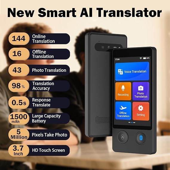 Wooask Language Translator Device, Two Way Real Time Translator with 144 Languages No WiFi Needed, 2025 Upgraded W12 AI Translator Voice/Offline/Photo Translation for Travel, Business, Learning