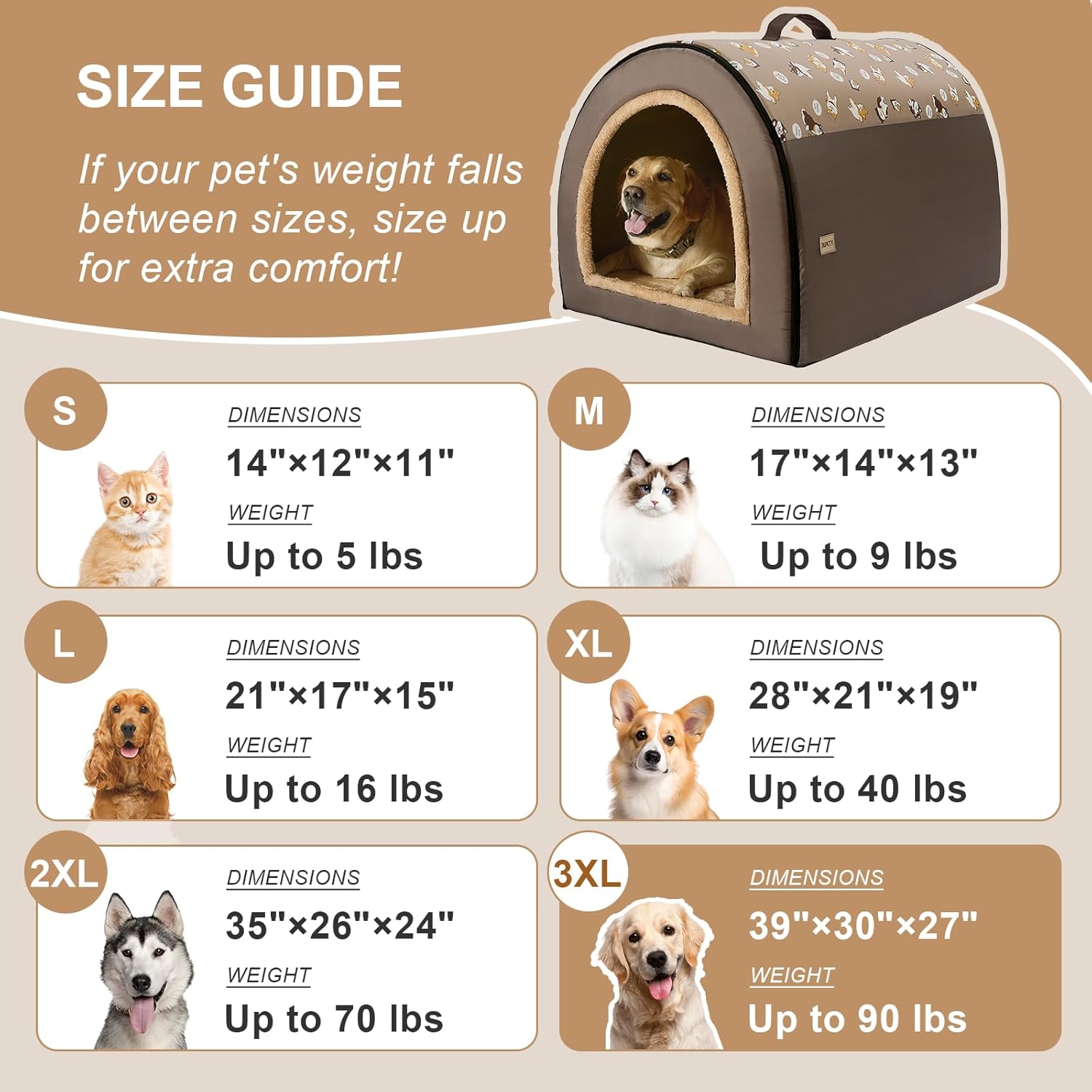 Jiupety 2 in 1 Dog House Indoor, Comfy Cave Bed Covered Dog Bed, Portable House for Large Dogs, 3XL(39"×32"×28"), Up to 90 Lb, Brown