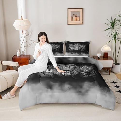 Miniatura 3 de Juego de edredón de animales salvajes, tamaño Queen, juego de ropa de cama 3D de tigre, león, leopardo, 3 piezas para niños y hombres, decoración