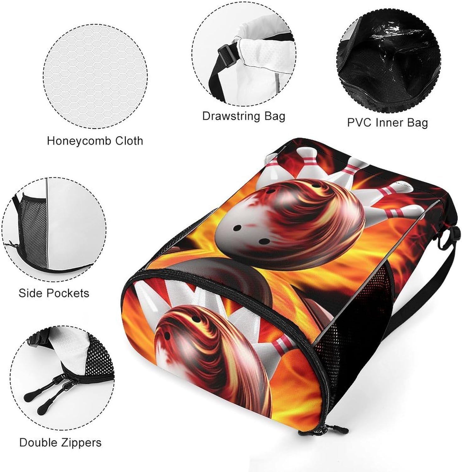 Small Gym Bag Bowling Ball Printed Drawstring Gym Bag for Men Lightweight Waterproof Drawstring Backpack for Women with Shoe Compartment for Travel Tourism Work And Fitness