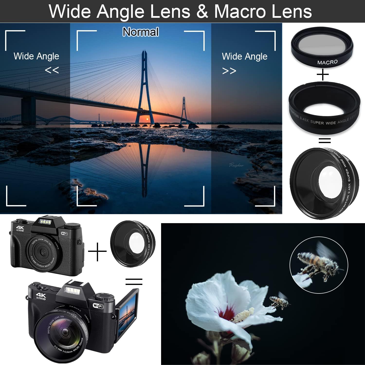 VETEK 4K Digital Camera with Wide Angle and Macro Lenses, showing exampמידע על השימוש בהם.