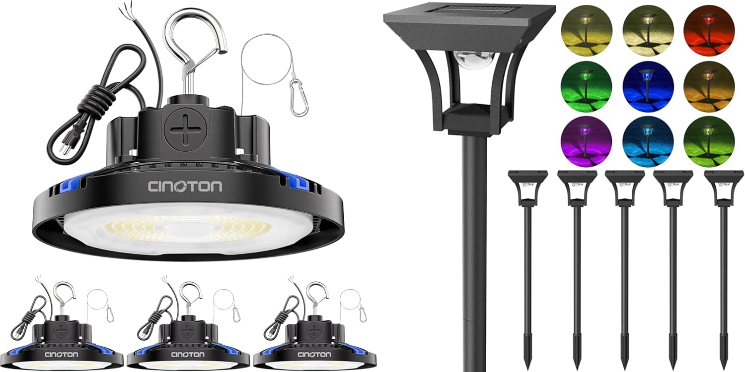 CINOTON UFO High Bay Light and Solar Pathway Light RGBCW 6 Pack