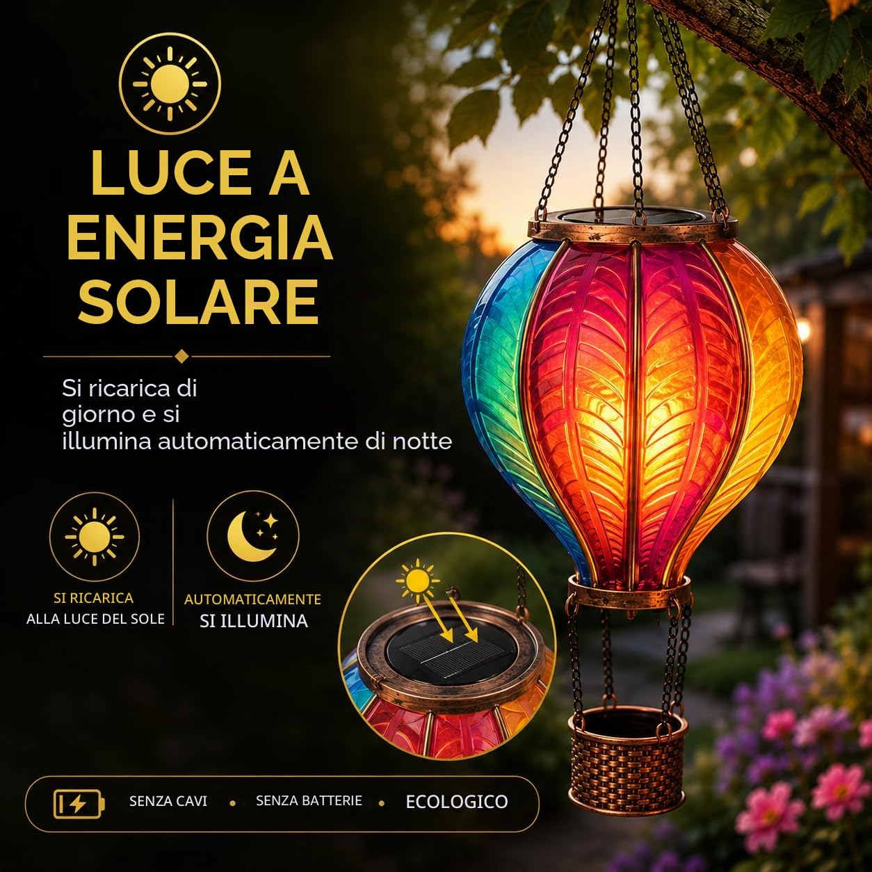 Festive Lights 44 cm, palloncino ad aria calda, lampada solare per esterni, mongolfiera, effetto vetro, lanterna a energia solare, lampada da giardino colorata per esterni