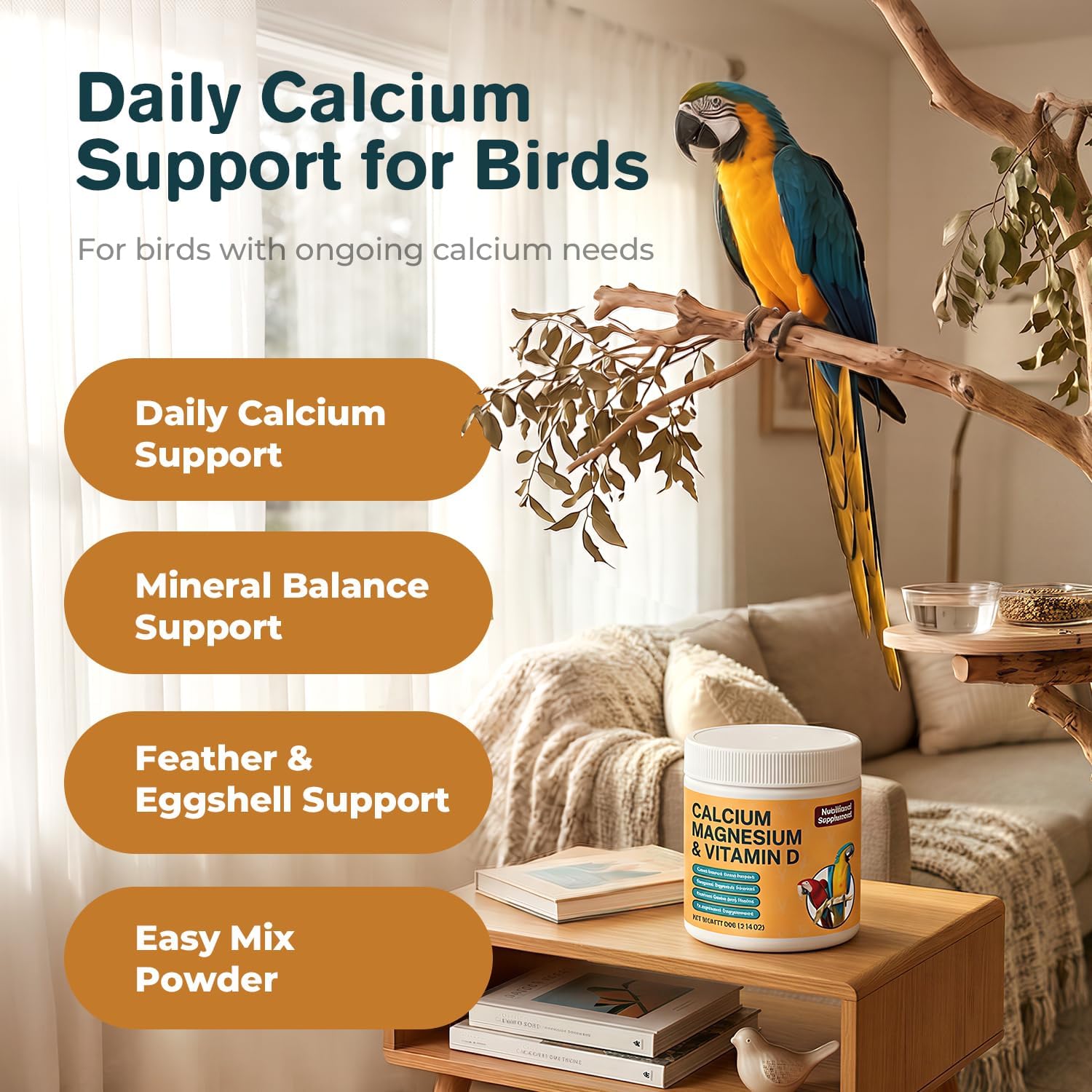 Bird Calcium Supplement with Magnesium & Vitamin D3, Water-Soluble Powder for Bone, Feather & Eggshell Support, Easy-Mix Daily Nutrition for Parrots & Companion Birds, 60 g