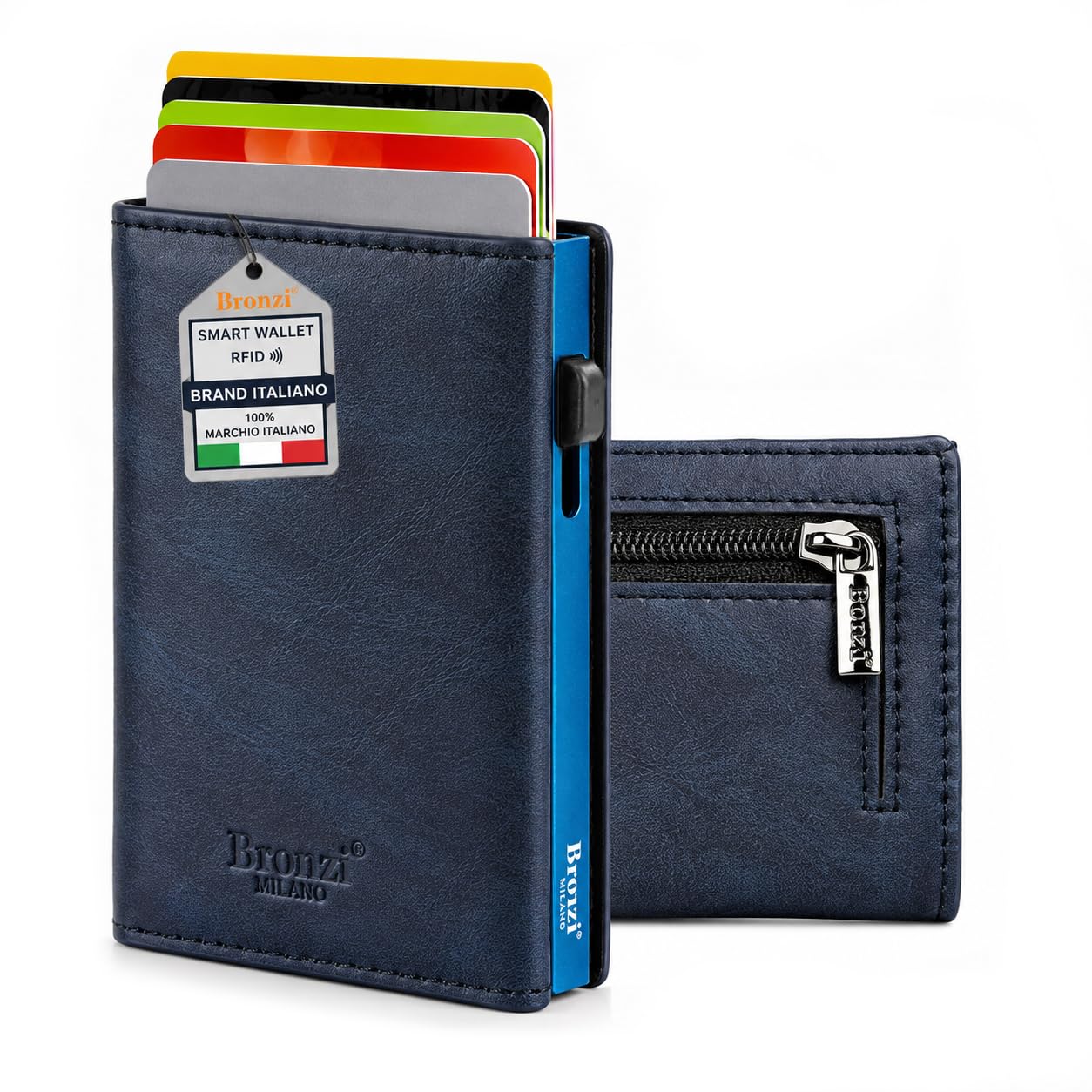 Bronzi® Portafoglio Uomo Slim Piccolo | Portacarte Uomo Donna Portatessere Porta Carte Di Credito | Portafogli Mini Protezione RFID con Portamonete | Box Regalo - Brand Italiano