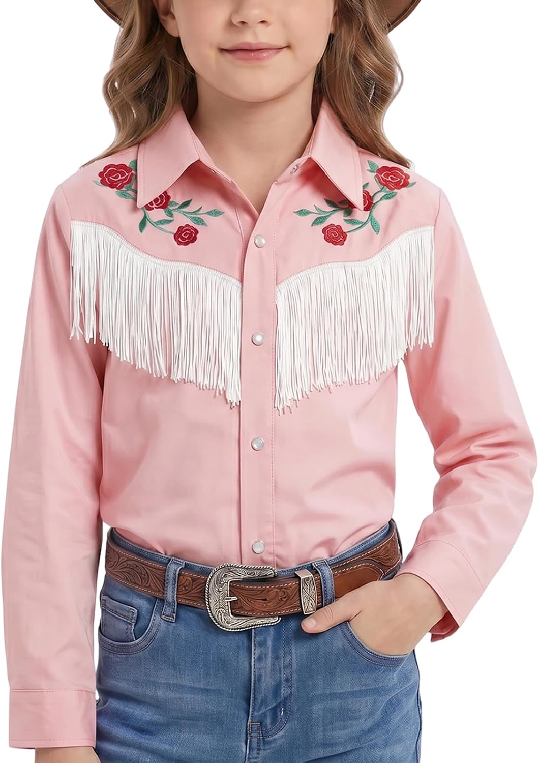 Spring&Gege Girls Western Shirt Cowgirl Fringe Floral Embroidered Pearl Snap Button Down Long Sleeve Blouse Tops