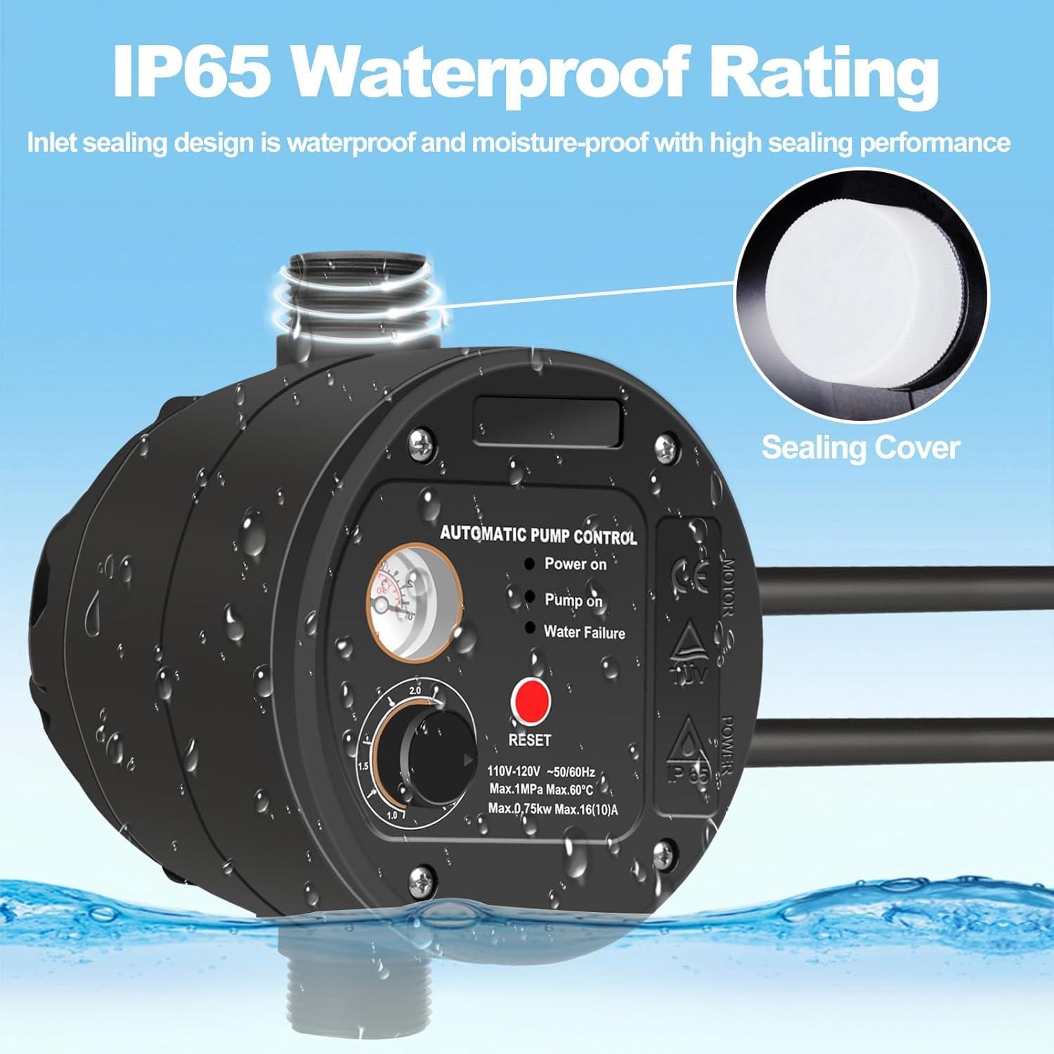IP65 Automatic Pump Controller, Rotary Adjustment, Metal Pump Connector, Electronic Switch Control Water Pump Pressure Controller, 110V/0.75KW/1MPa,TÜV, Ideal for Home, Garden, and Industrial Use.