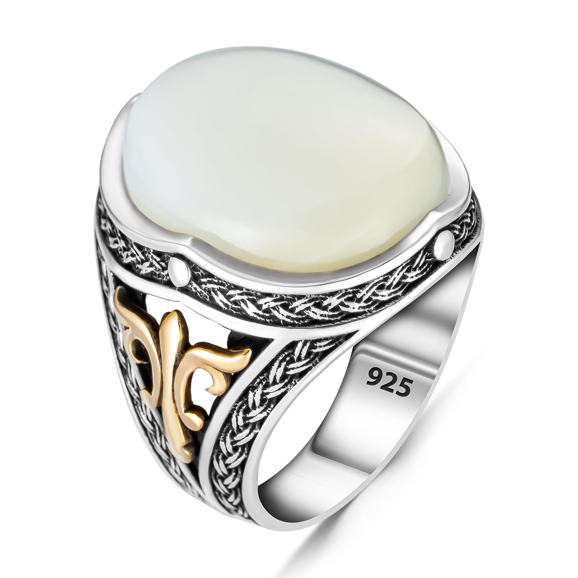 Handmade 925K Sterling Silver Mens Ring With Mother of Pearl Stone Men's Ring