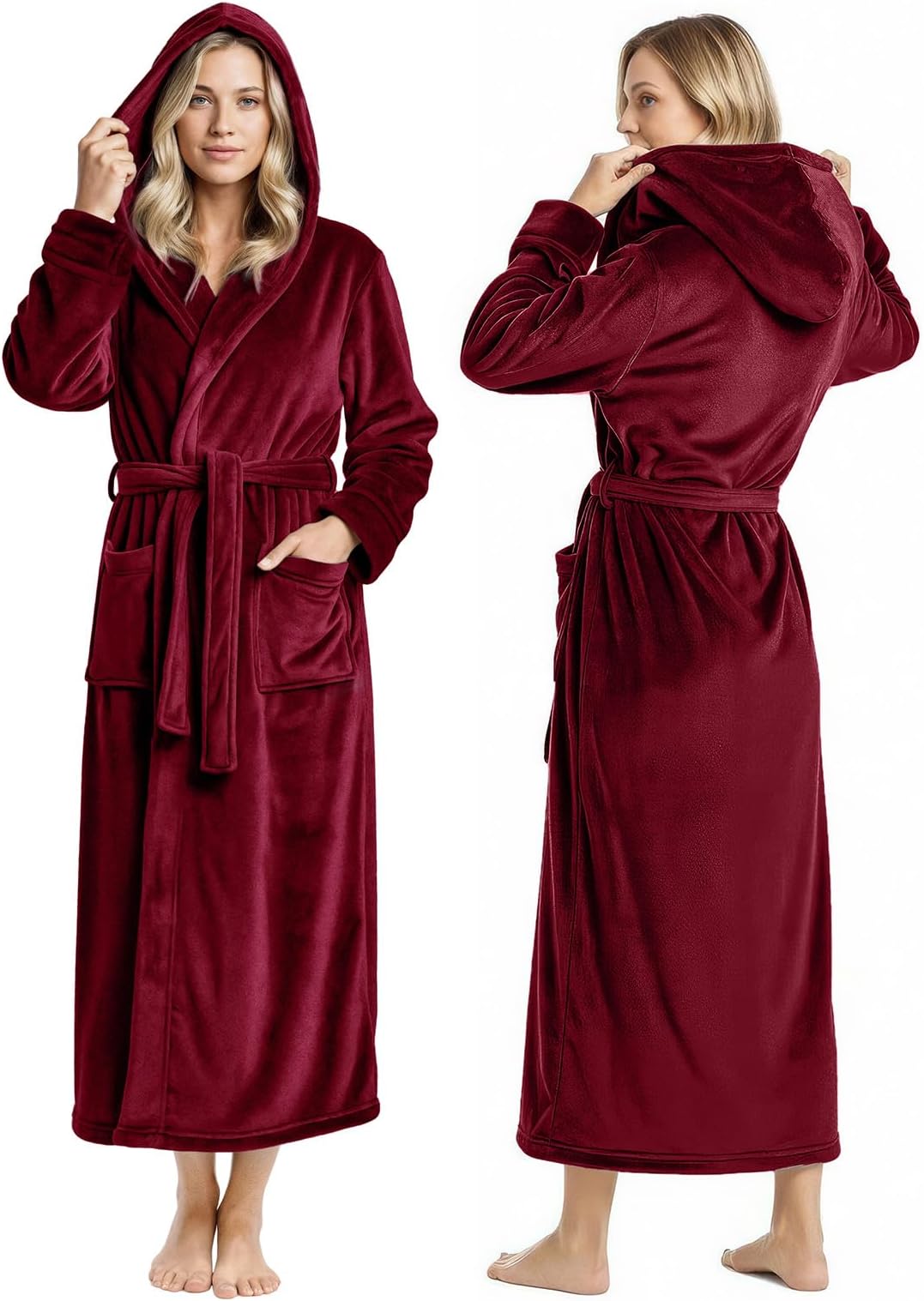 Women Fleece Hooded Bathrobe - Plush Long Robe