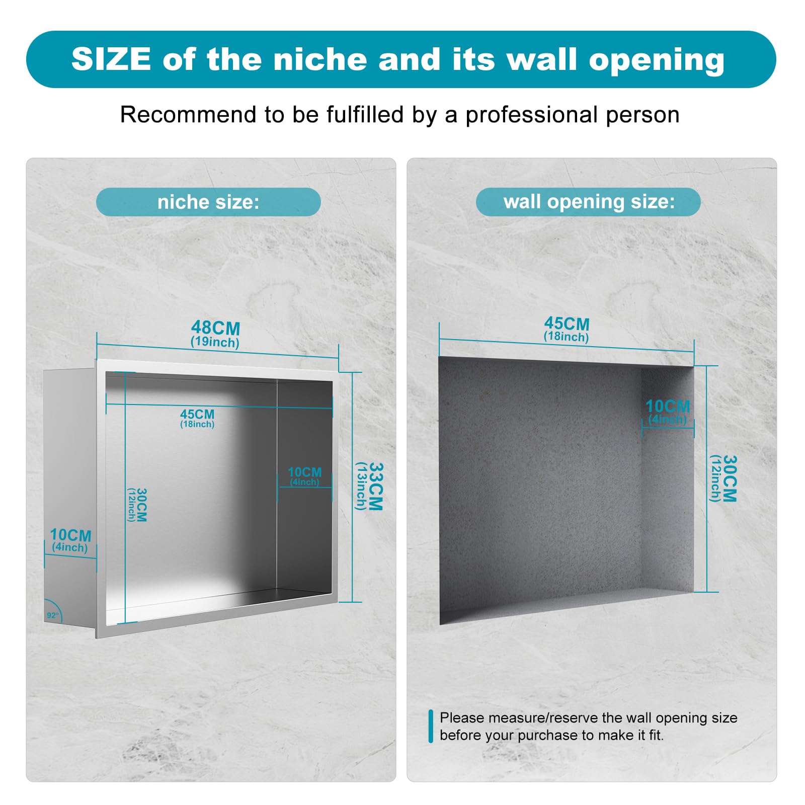 Nicho de pared para ducha de acero inoxidable, 45 x 30 x 10 cm, estante individual de almacenamiento, no necesita azulejos, para baño, nano plata