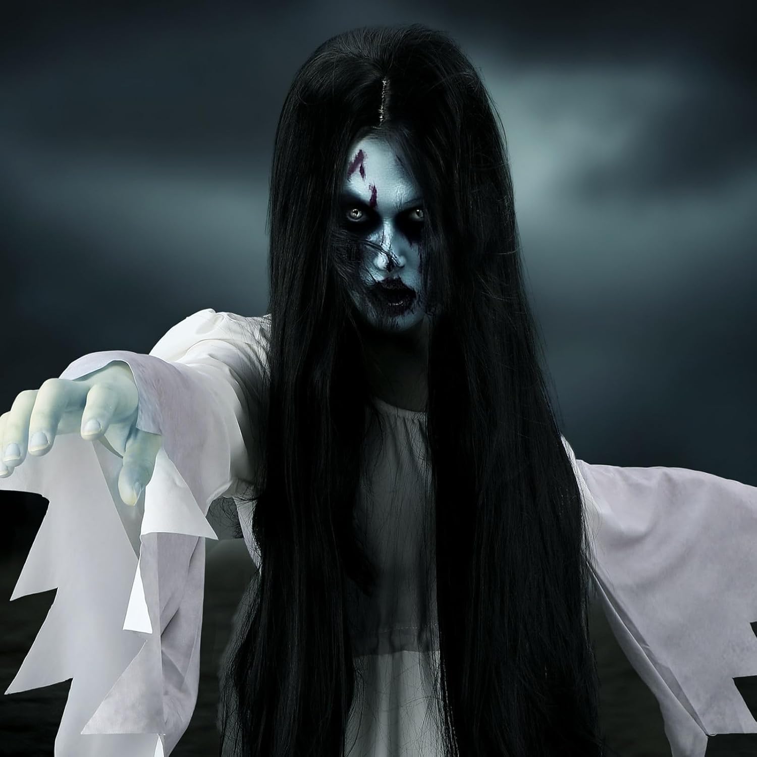 2 Pcs Halloween Women Gossamer Ghost Costume Set White Victorian Vintage Dress Gown Black Wig for Horror Cosplay - Image 2