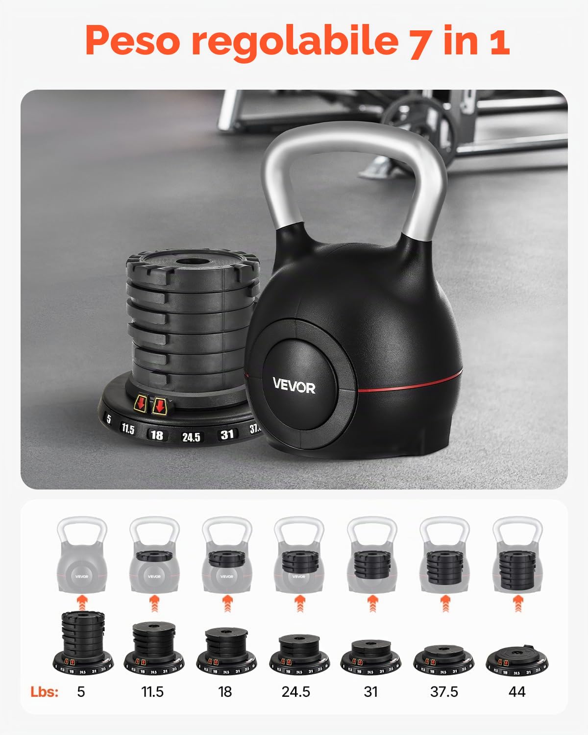 VEVOR Kettlebell, Kettlebell regolabile con 7 livelli di peso, alluminio pressofuso e materiale ABS, per allenamento della forza di presa, allenamento completo del corpo e cross-training