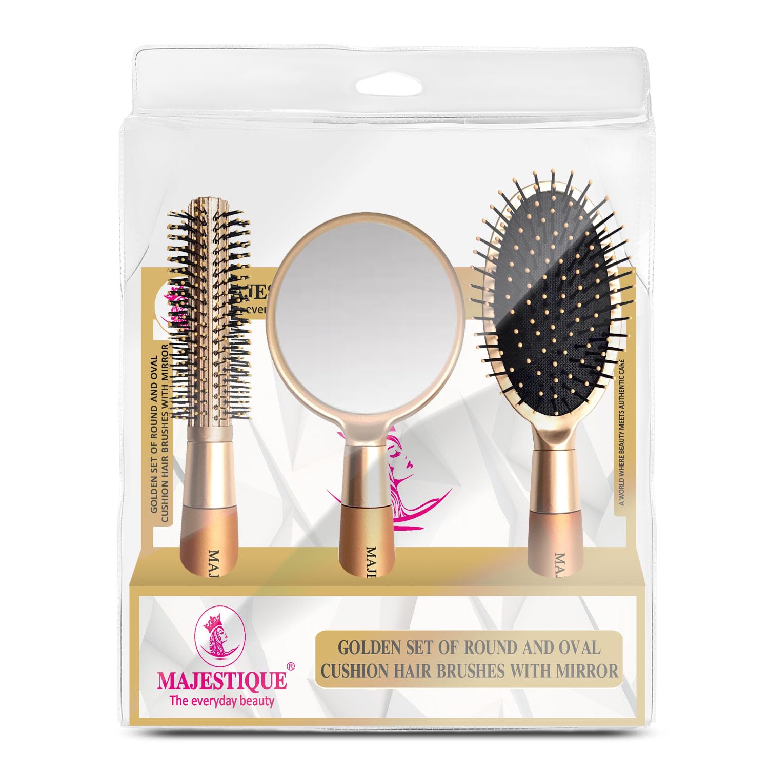 Majestique Hair Detangler Brush Set – Round & Oval Cushion Brushes with Mirror & Soft Nylon Bristles | Blow Drying Brush for Men & Women | Hair Brush Straightener for Smooth, Frizz-Free Styling (3Pcs Gold)-image-27