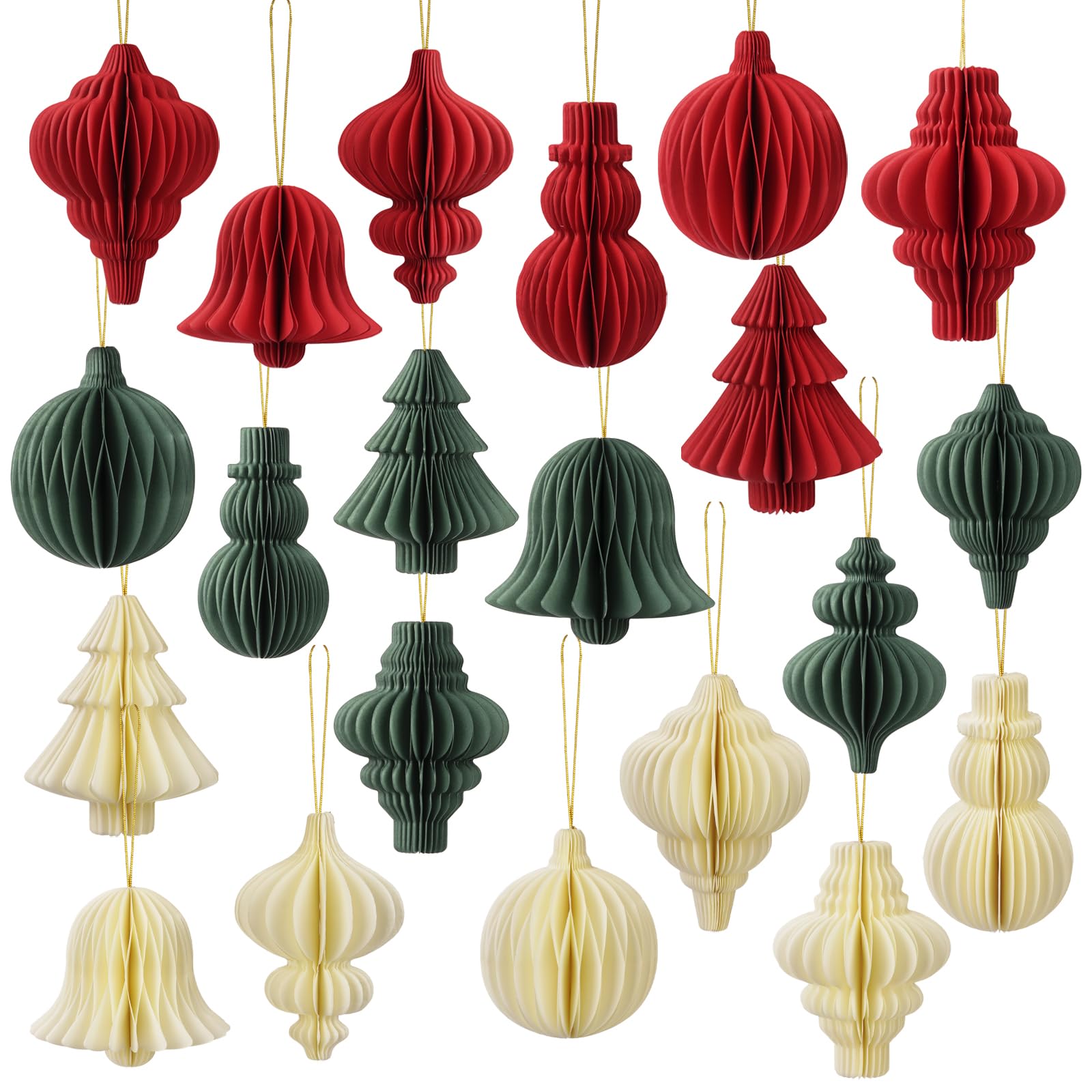 Lot de 21 décorations de fête de Noël en papier nid d'abeille, décorations à suspendre pour sapin de Noël, cloches, boules, lanternes, plafond, mur, décoration d'intérieur