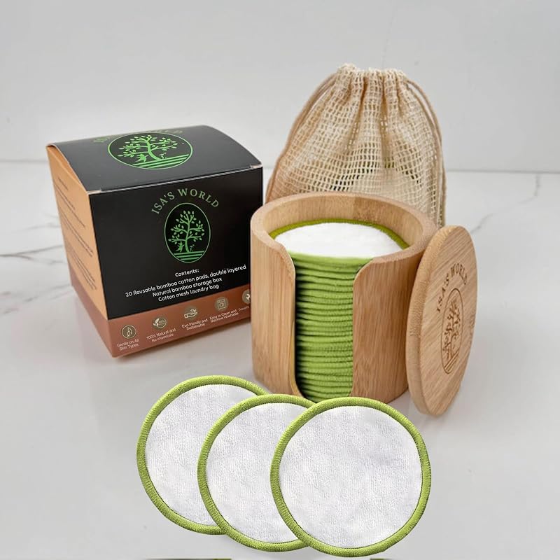 Discos reutilizáveis de algodão e bambu Generic ISA’S World, Pacote com 20, com saco lavável e pote de armazenamento