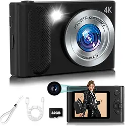 Câmera digital, câmera digital barata 1080p, câmeras digitais de 48 MP com lente dupla, luz de preenchimento e cartão SD de 32 GB, câmera infantil para meninos e meninas (preta)