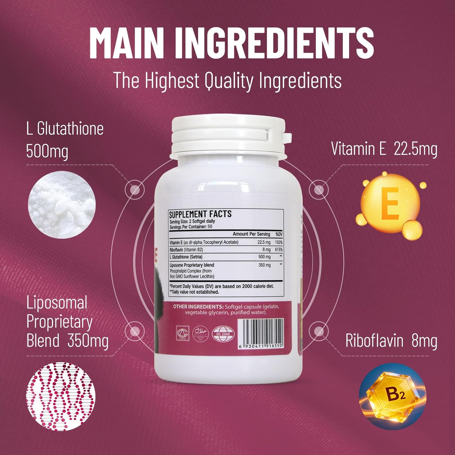 Liposomal Glutathione Softgels, 500mg Advanced Skin Nutrients, Antioxidant Supplement for Energy & Skin, 100 Capsules