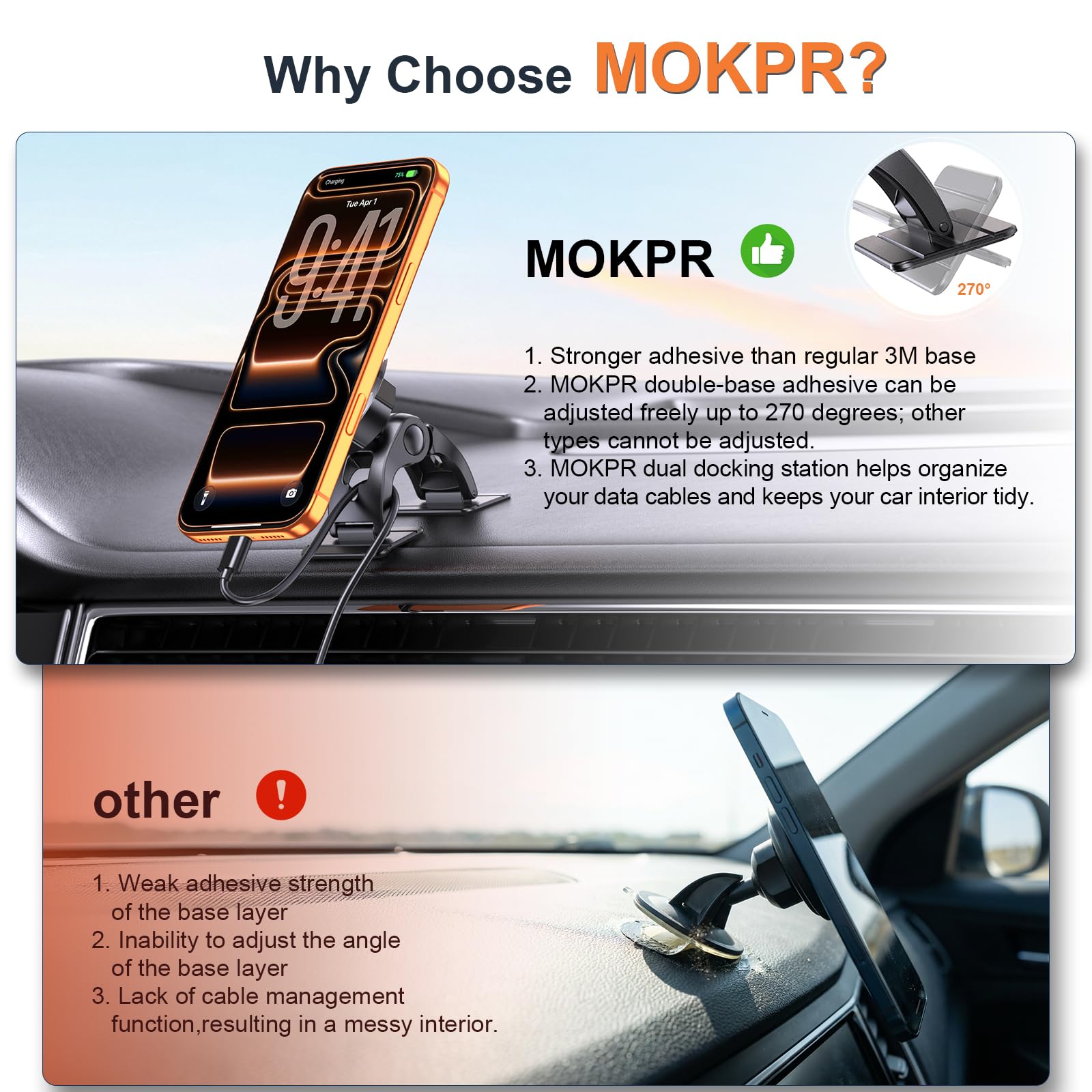 MOKPR for Magsafe Car Mount【16X N52 Magnets】 Magnetic Phone Holder for Cars Air Vents/Dashboard for iPhone 17/16/15/14/13/12& MagSafe Case, with Metal Plates Fit Smartphones (Black) — view 5